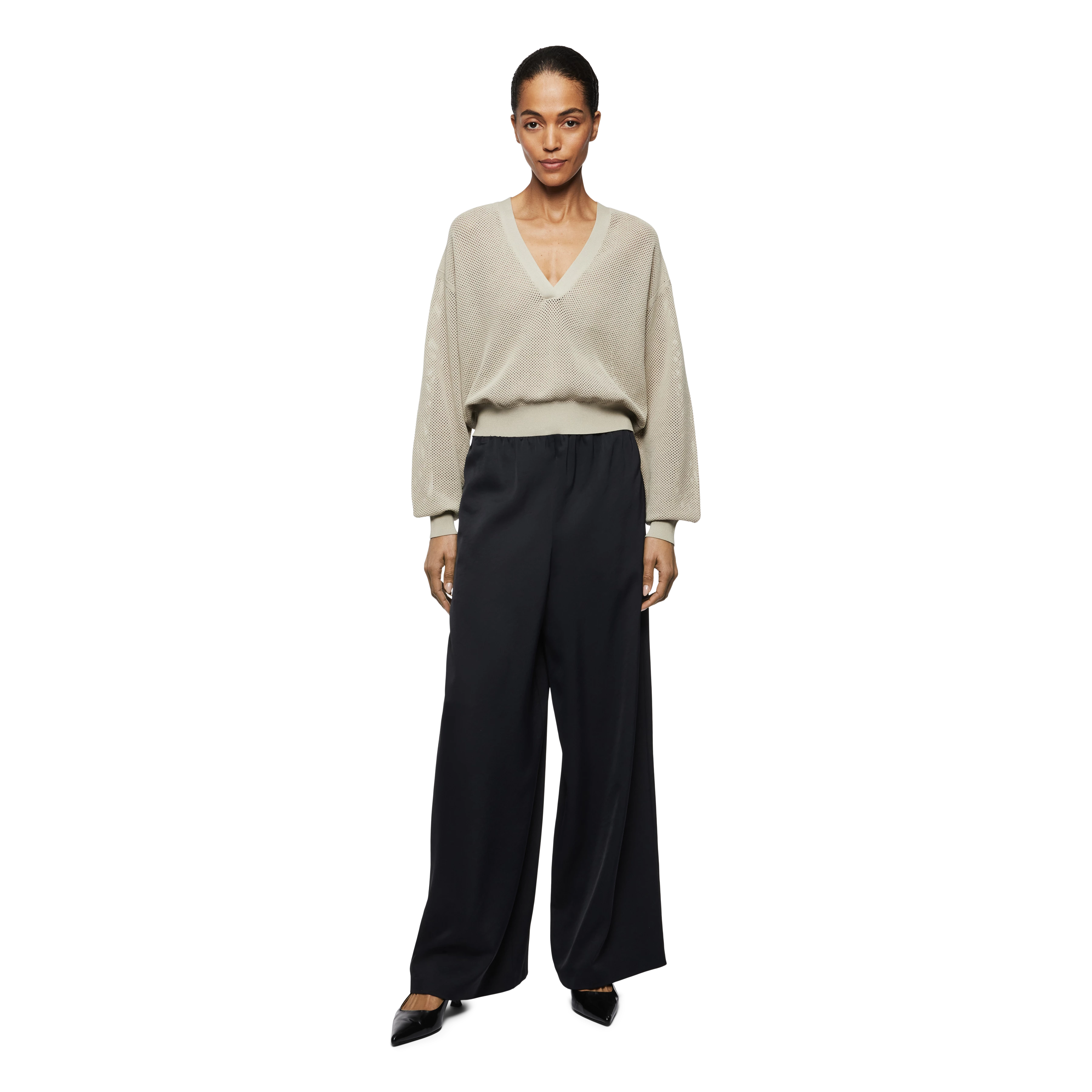 HEDWIDA - Sweater with V-neck in pure cotton - women - beige - Ganzkörper-Frontansicht