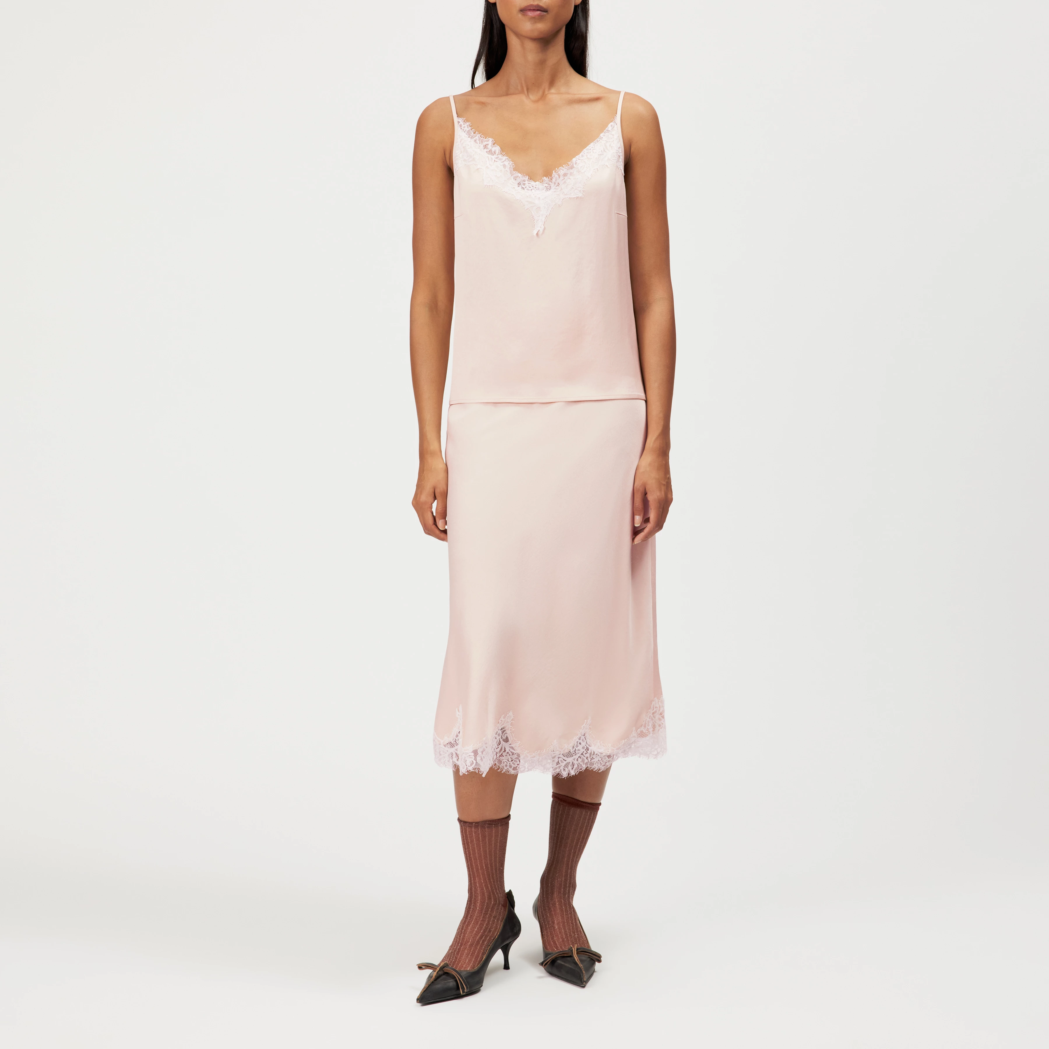 URA_3 - Satin midi slip skirt with lace - women - orange - Ganzkörper-Frontansicht