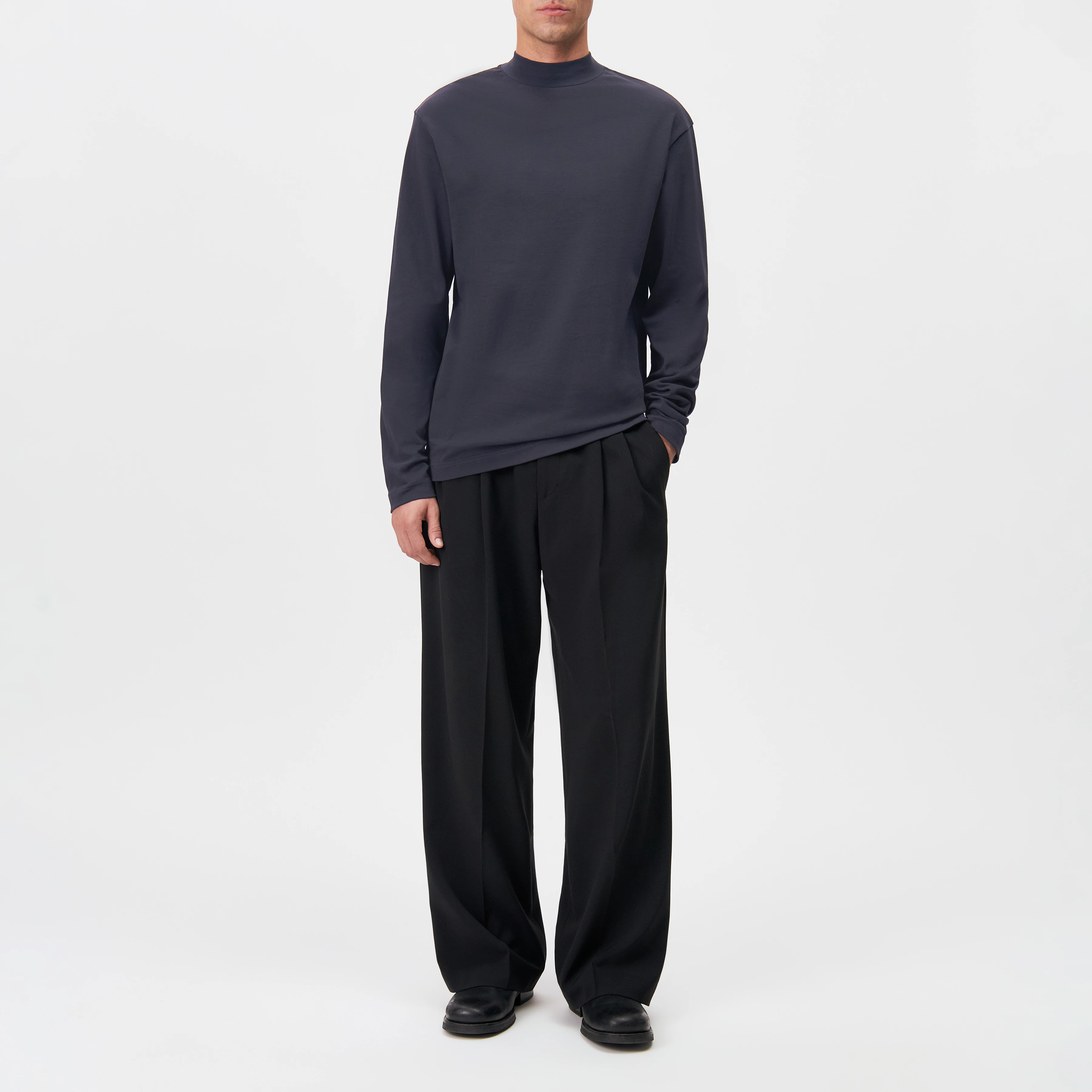MORITZO - Long-sleeved top with stand-up collar in stretch cotton - men - grey - Ganzkörper-Frontansicht