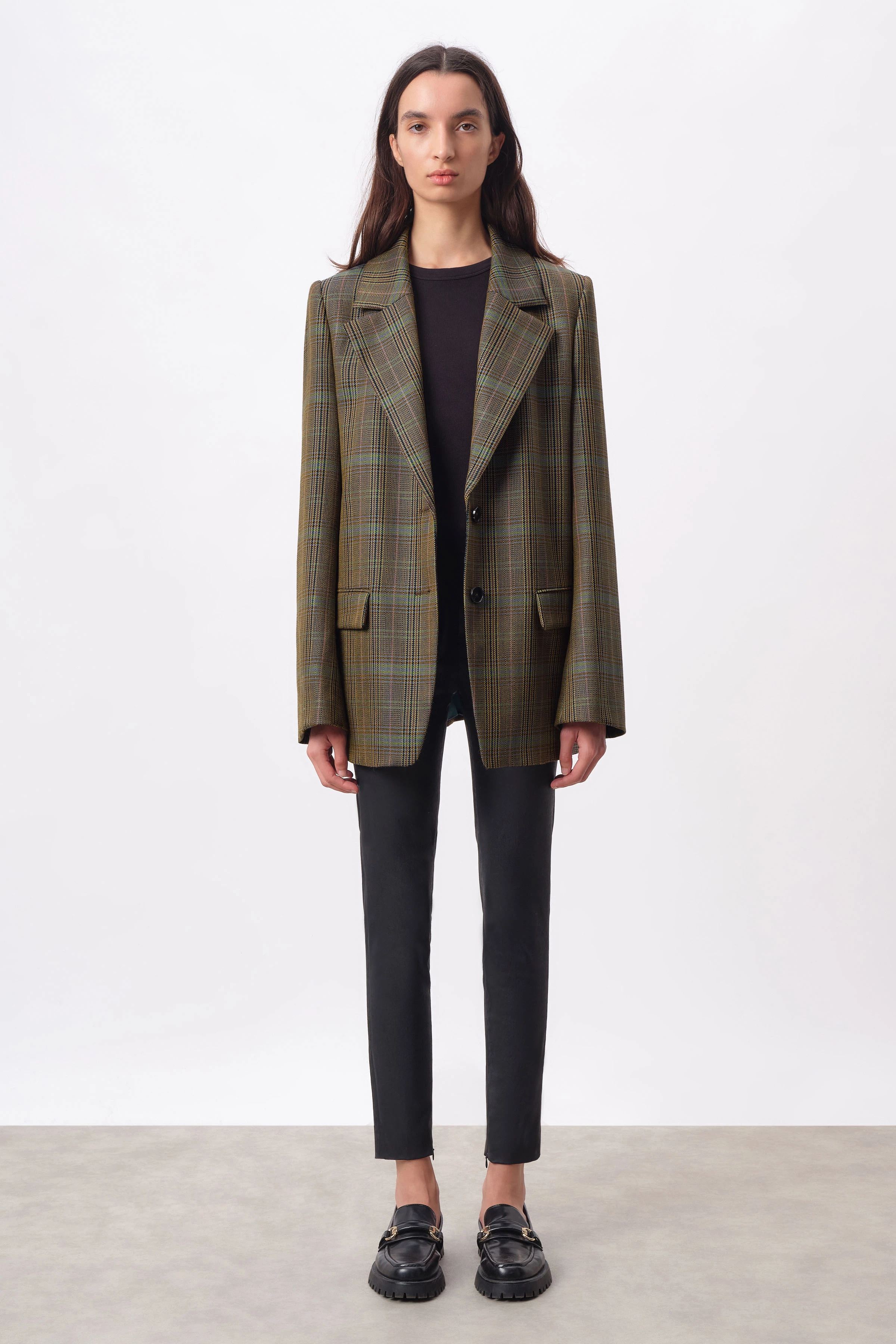 BASCOTE - oversized blazer van scheerwol met ruitmotief - dames - groen - Ganzkörper-Frontansicht