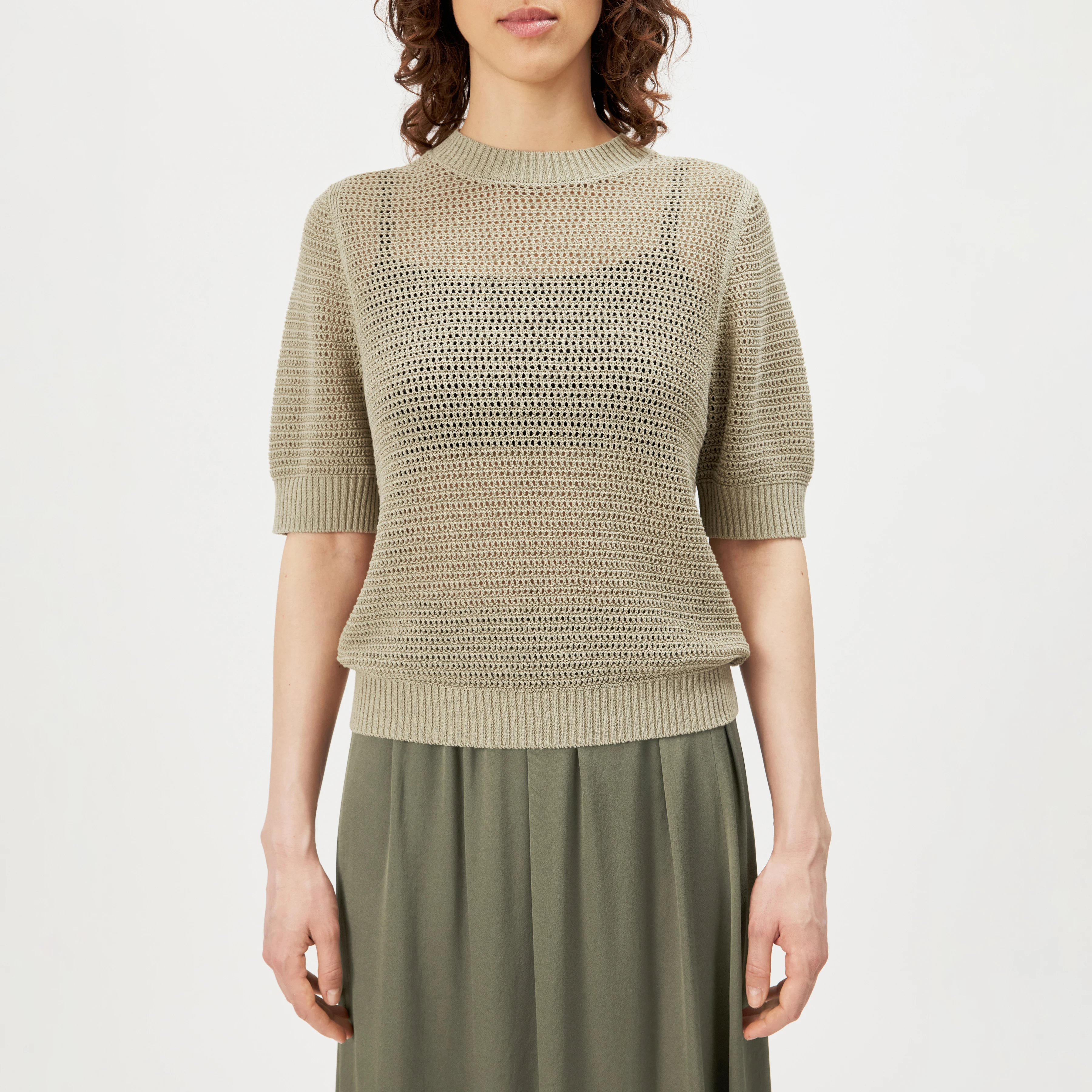 SANIDY - Chunky knit short sleeve in cotton blend - women - beige - Frontansicht