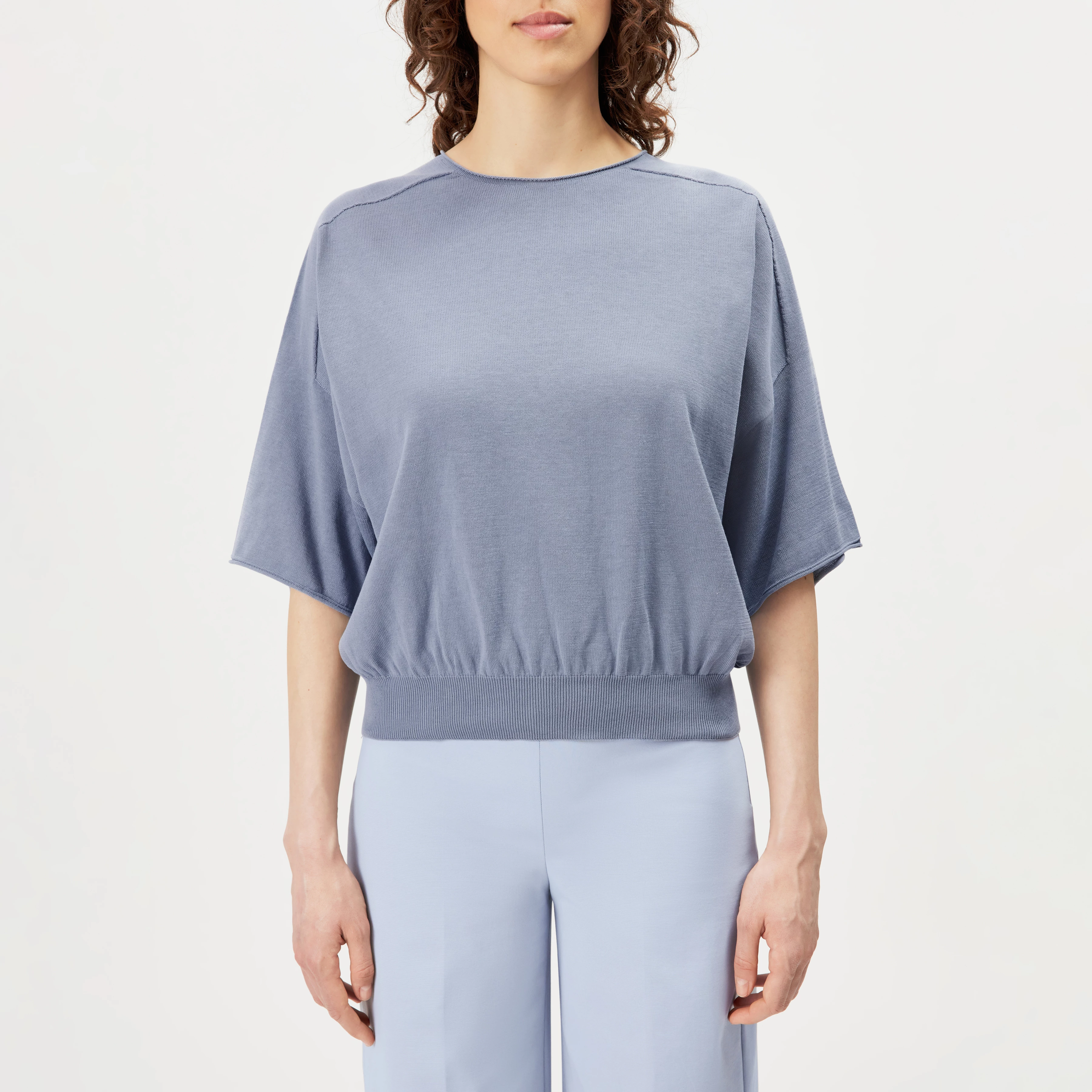 DILARY - Casual gebreid T-shirt in crêpe katoen - dames - blauw - Frontansicht