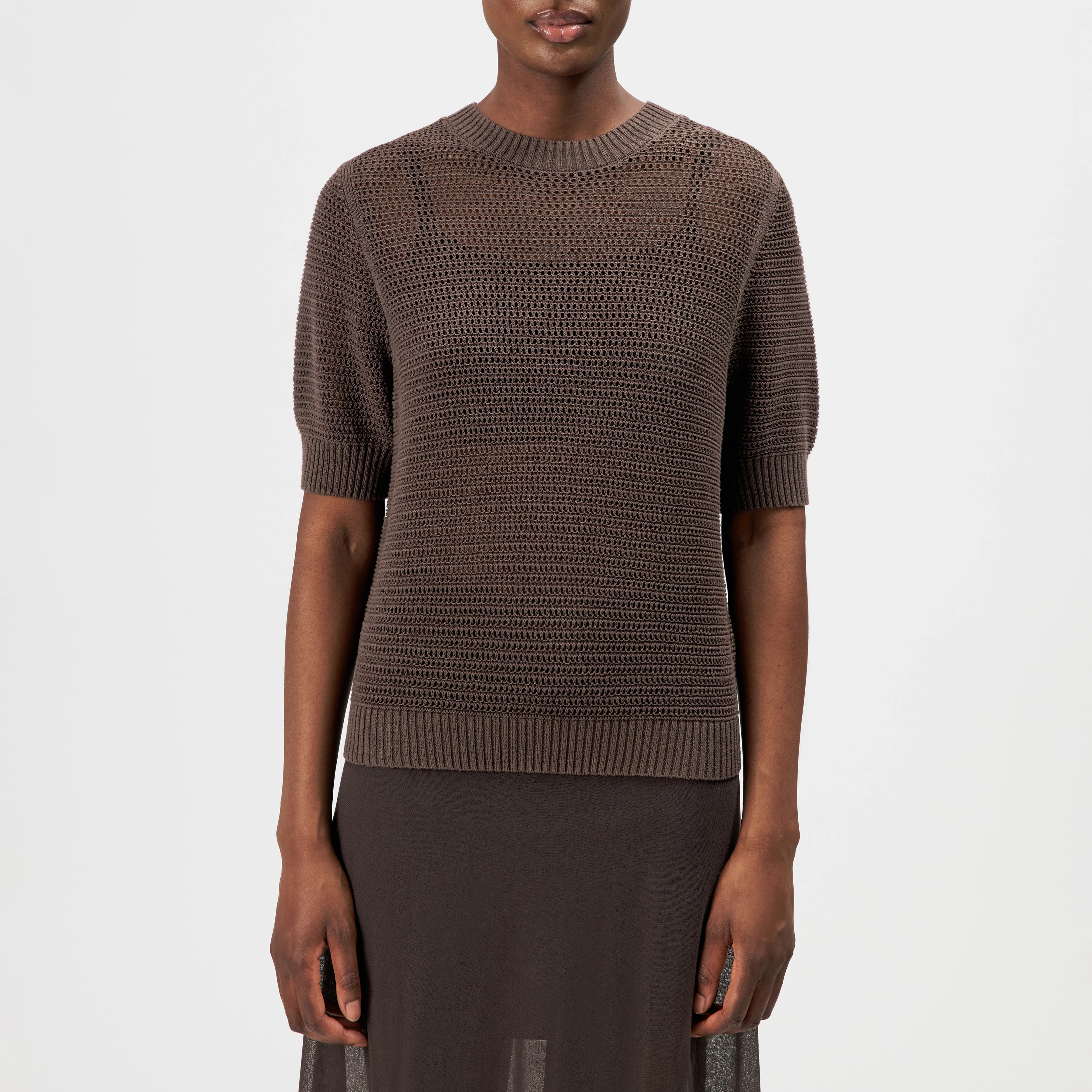SANIDY - Chunky knit short sleeve in cotton blend - women - brown - Frontansicht