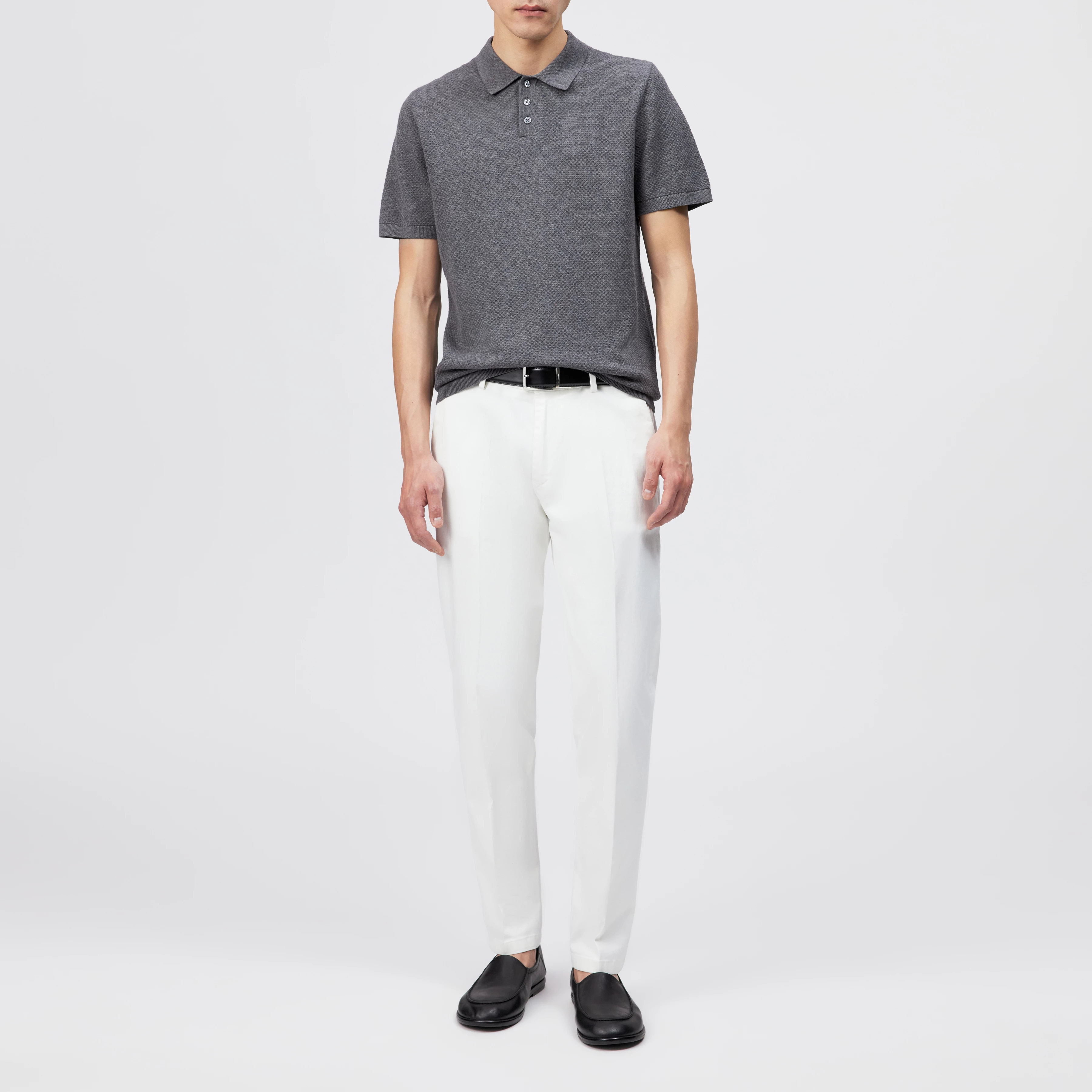 TRITON - Regular fit polo in jacquard knit - men - grey - Ganzkörper-Frontansicht