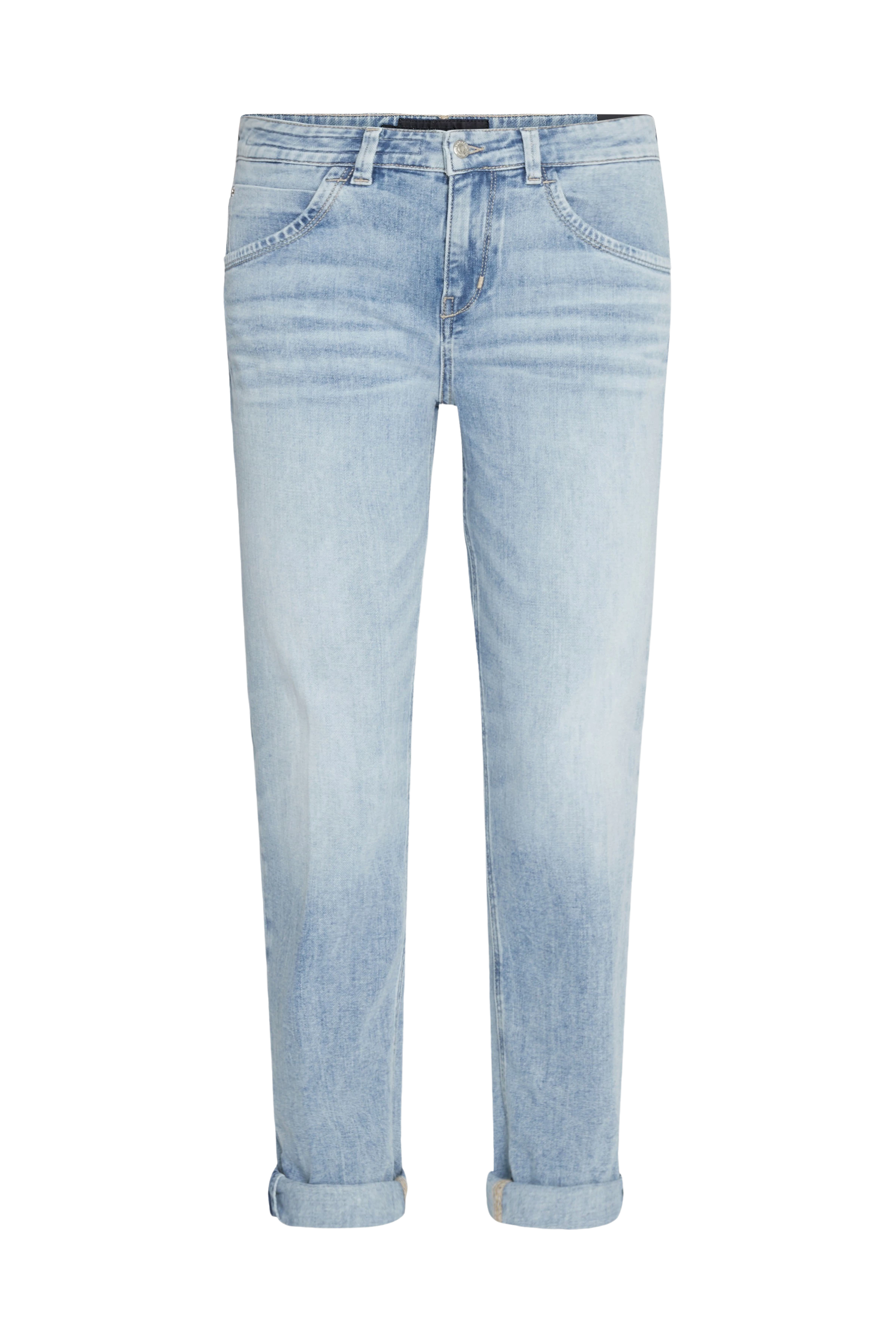 LIKE - Girlfriend jeans with rolled cuffs in soft-touch denim with a used effect - women - blue - Freisteller Frontansicht
