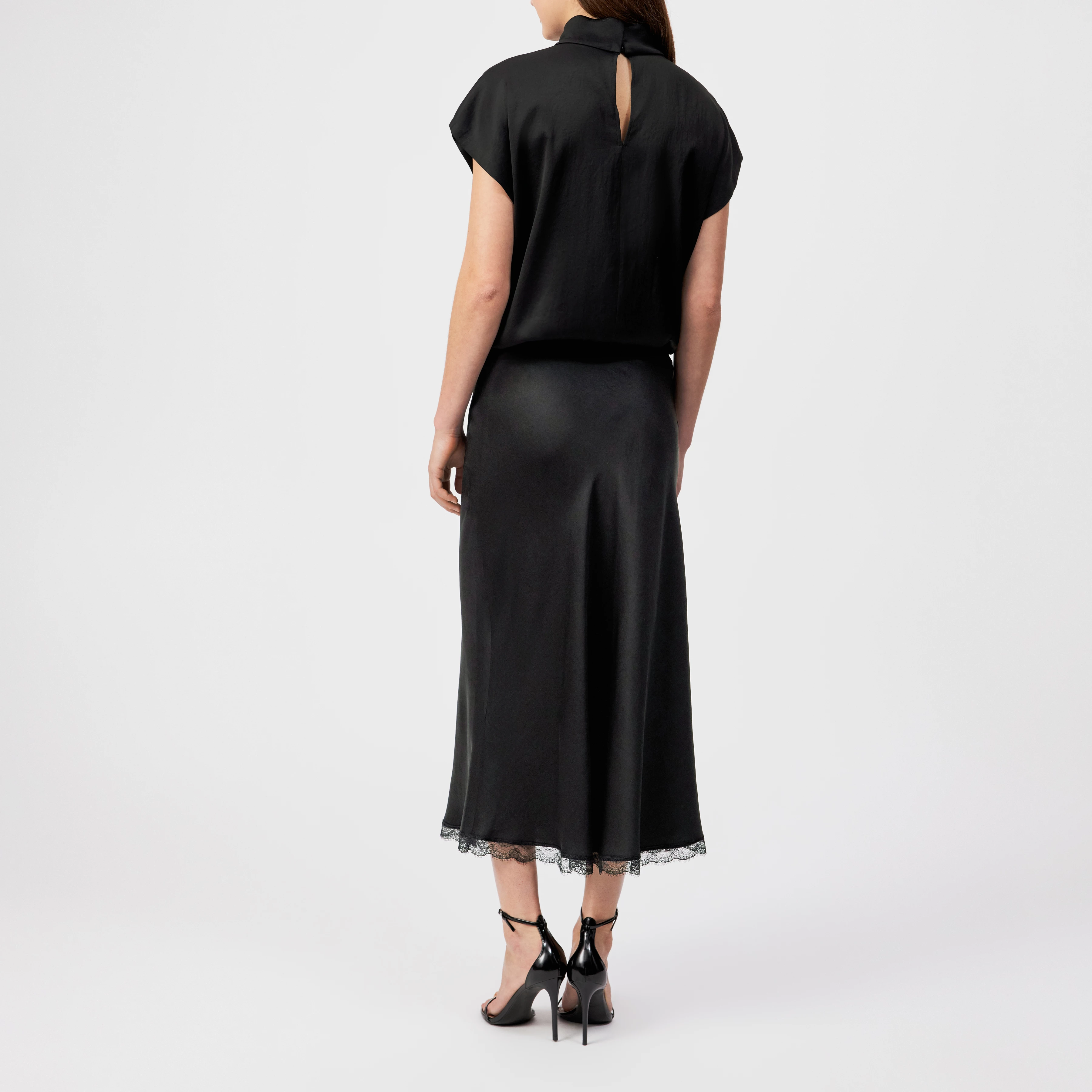 URA_1 - Jupe midi satinée avec dentelle - women - noir - Rückansicht