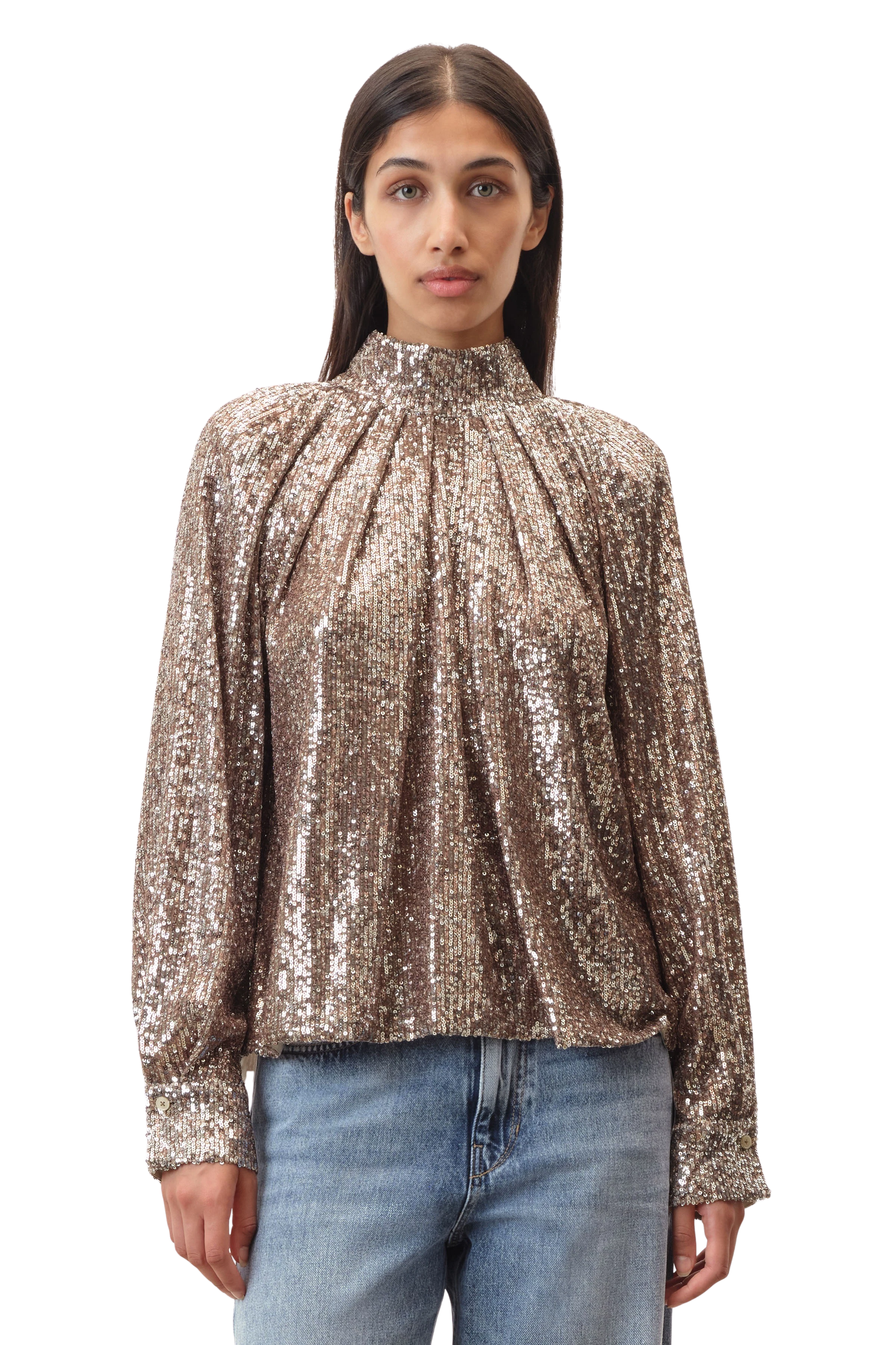 DRUNA - Bluse mit Stehkragen in bedruckter Paillette - Damen - braun - Frontansicht