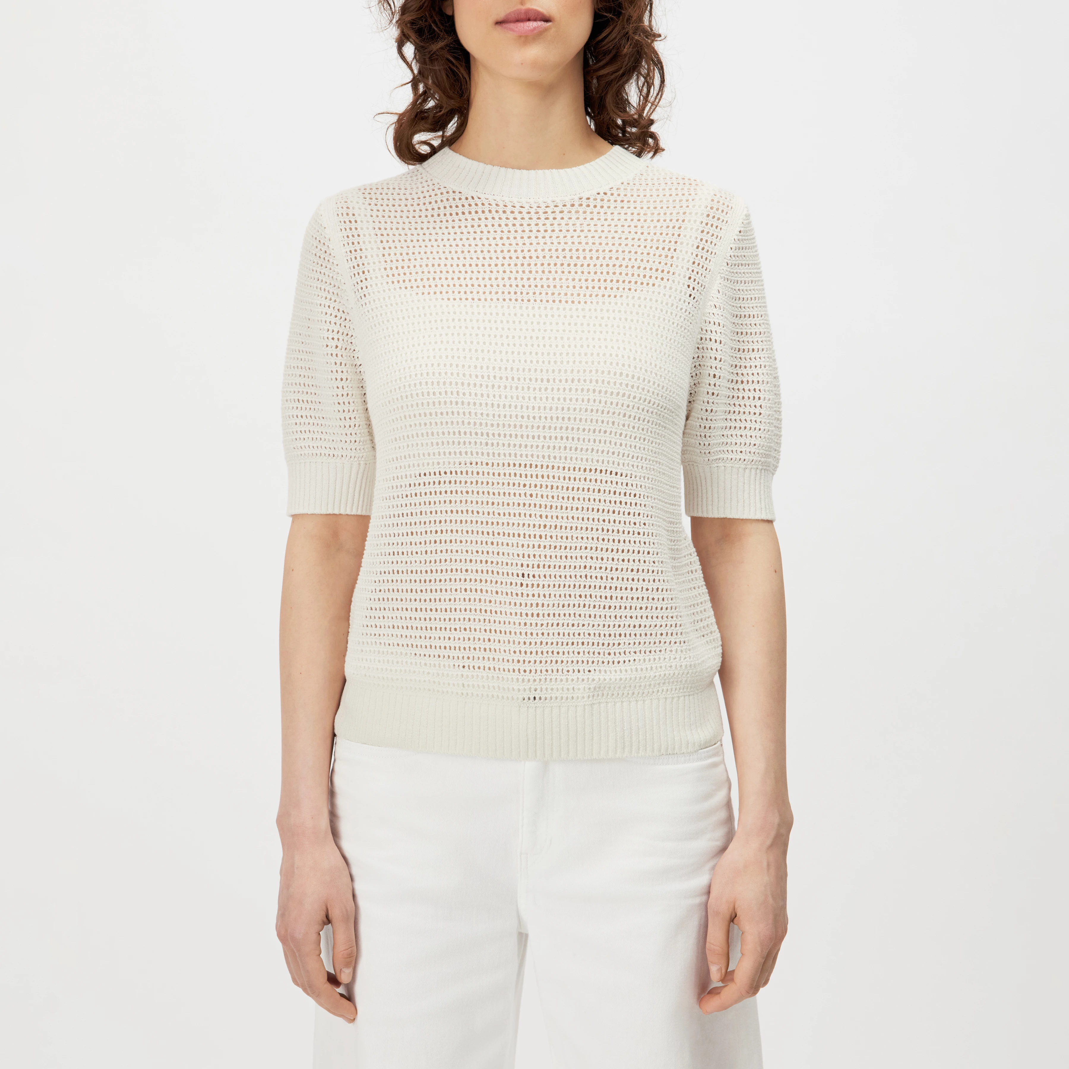 SANIDY - Strick T-Shirt in Baumwolle-Mix - Damen - off white - Frontansicht