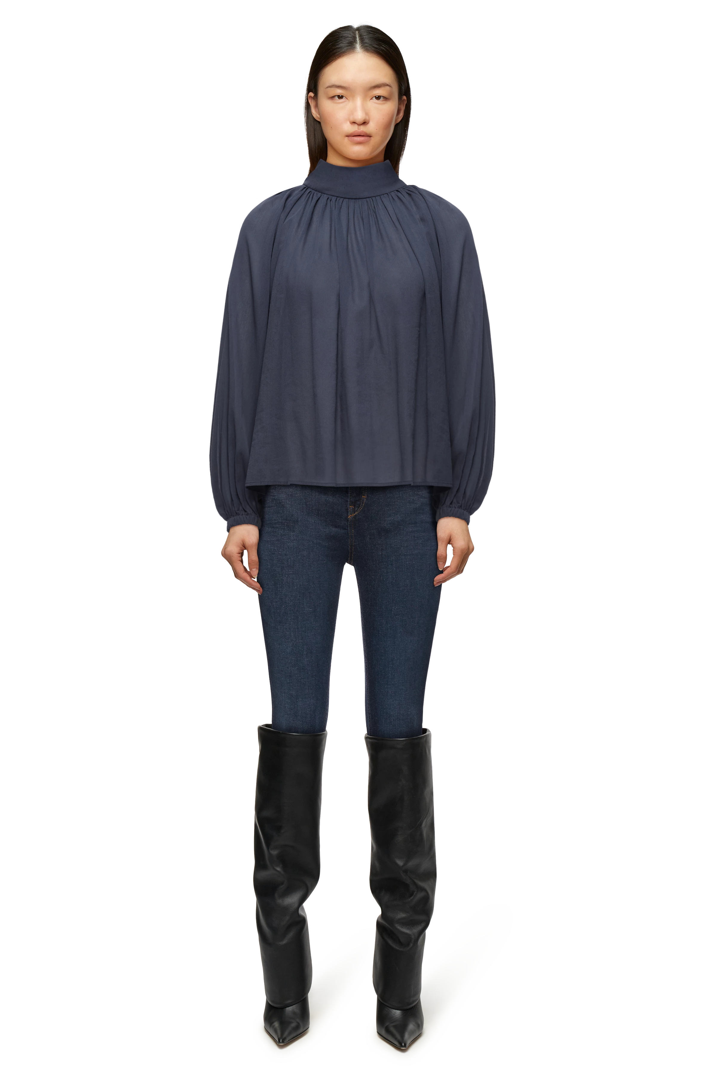 DUMONDA - Boho blouse in flowing cotton-viscose crêpe - women - blue - Ganzkörper-Frontansicht