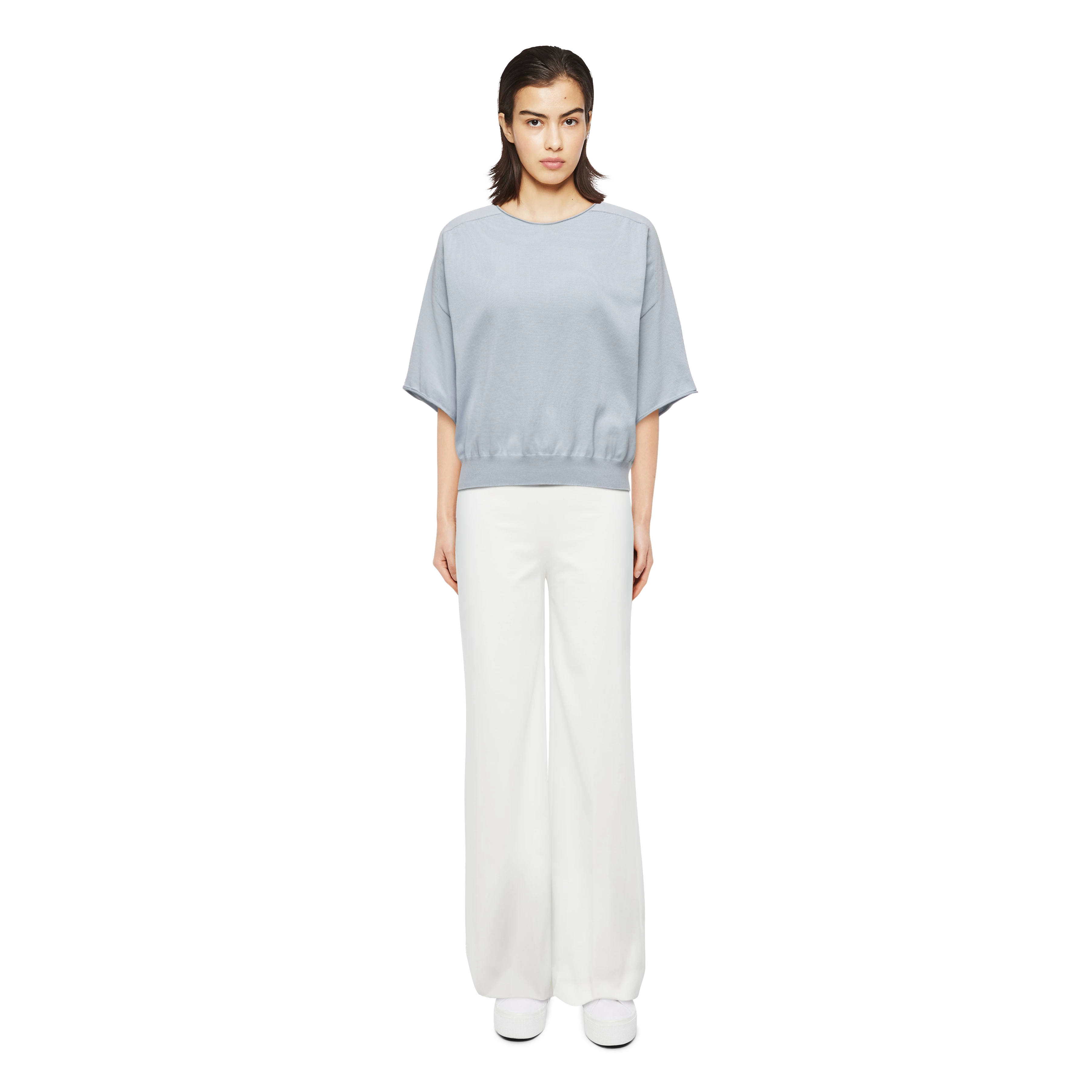 DILARY - Casual knitted T-shirt in cotton crêpe - women - blue - Ganzkörper-Frontansicht