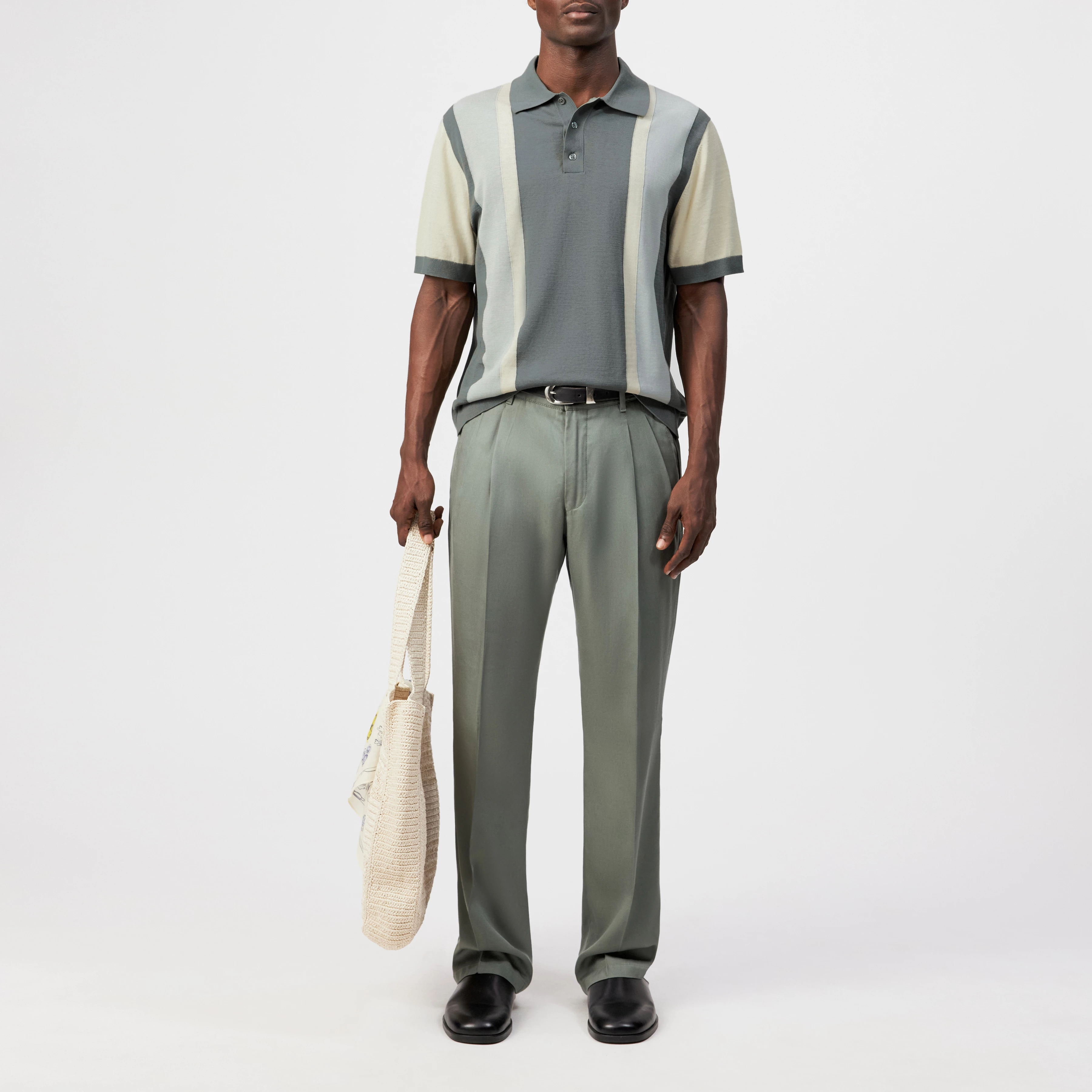 TAMIAN - Pure cotton block stripe polo shirt - men - green - Ganzkörper-Frontansicht