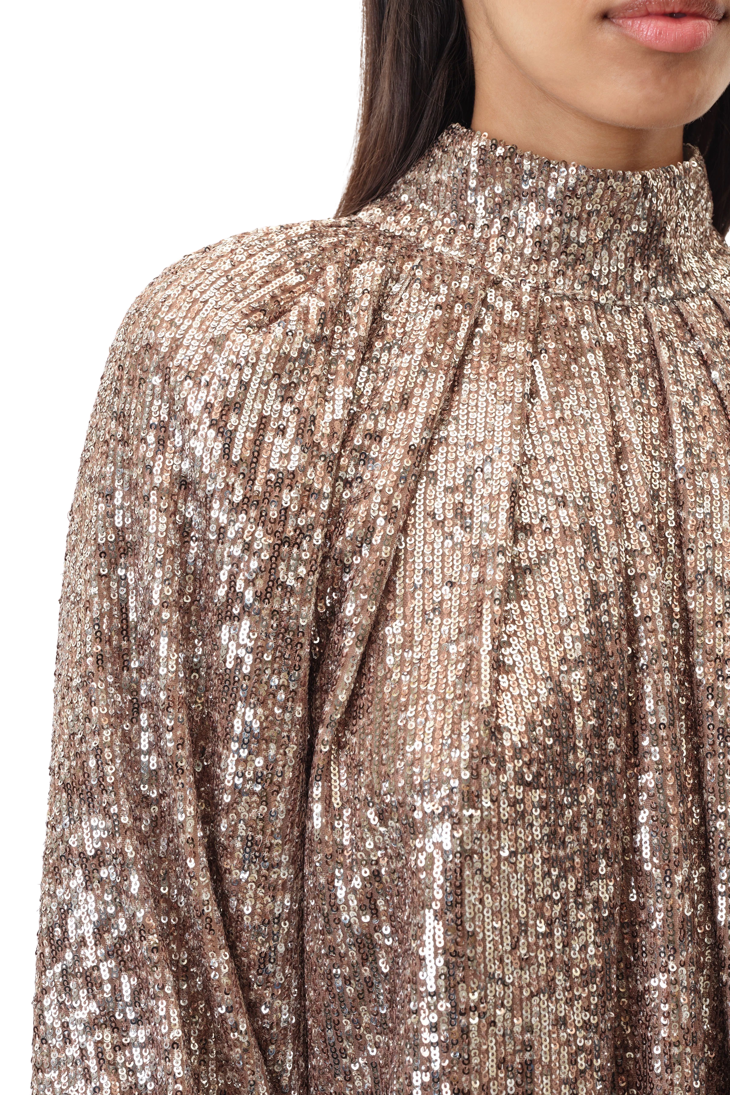 DRUNA - Bluse mit Stehkragen in bedruckter Paillette - Damen - braun - Seitenansicht