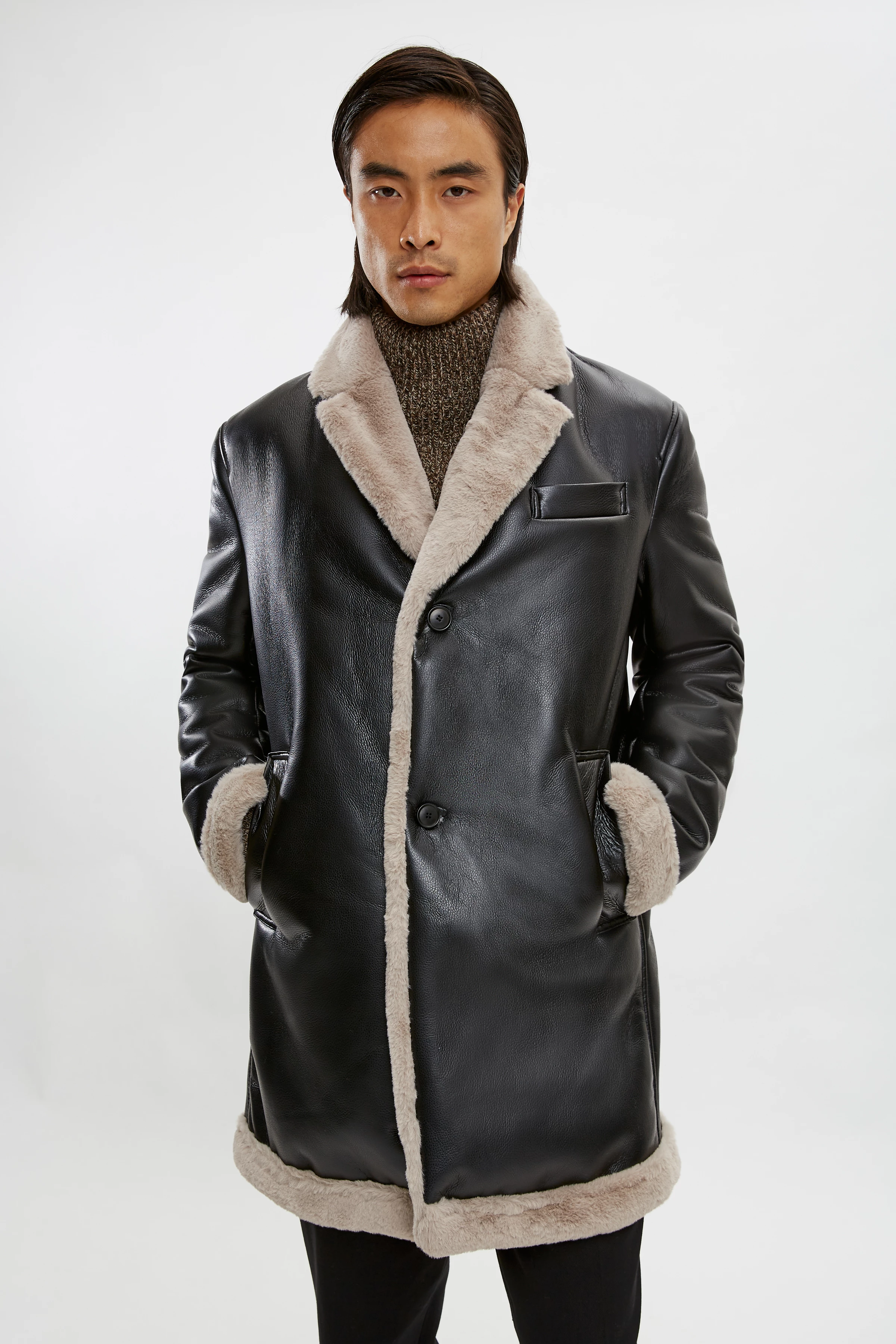 TENBY_S - veganer Shearlingmantel - Herren - schwarz - Frontansicht