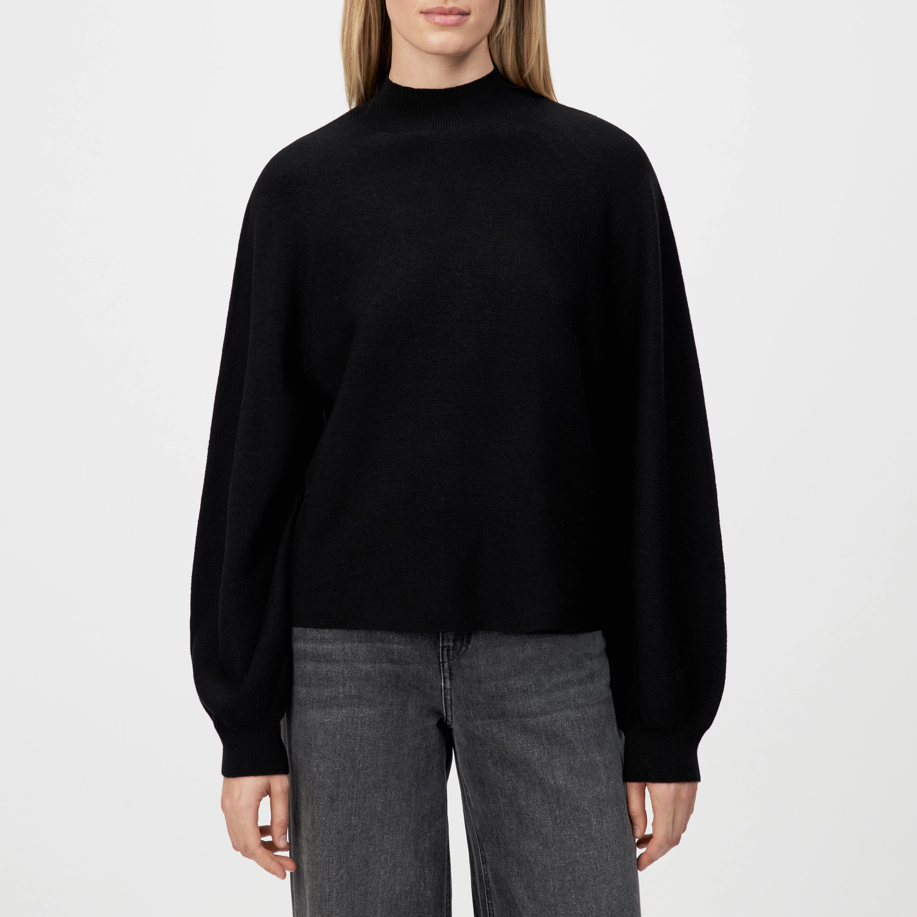 KIMONI - Pullover mit Ballonärmeln in 100% Merinowolle - Damen - schwarz - Frontansicht