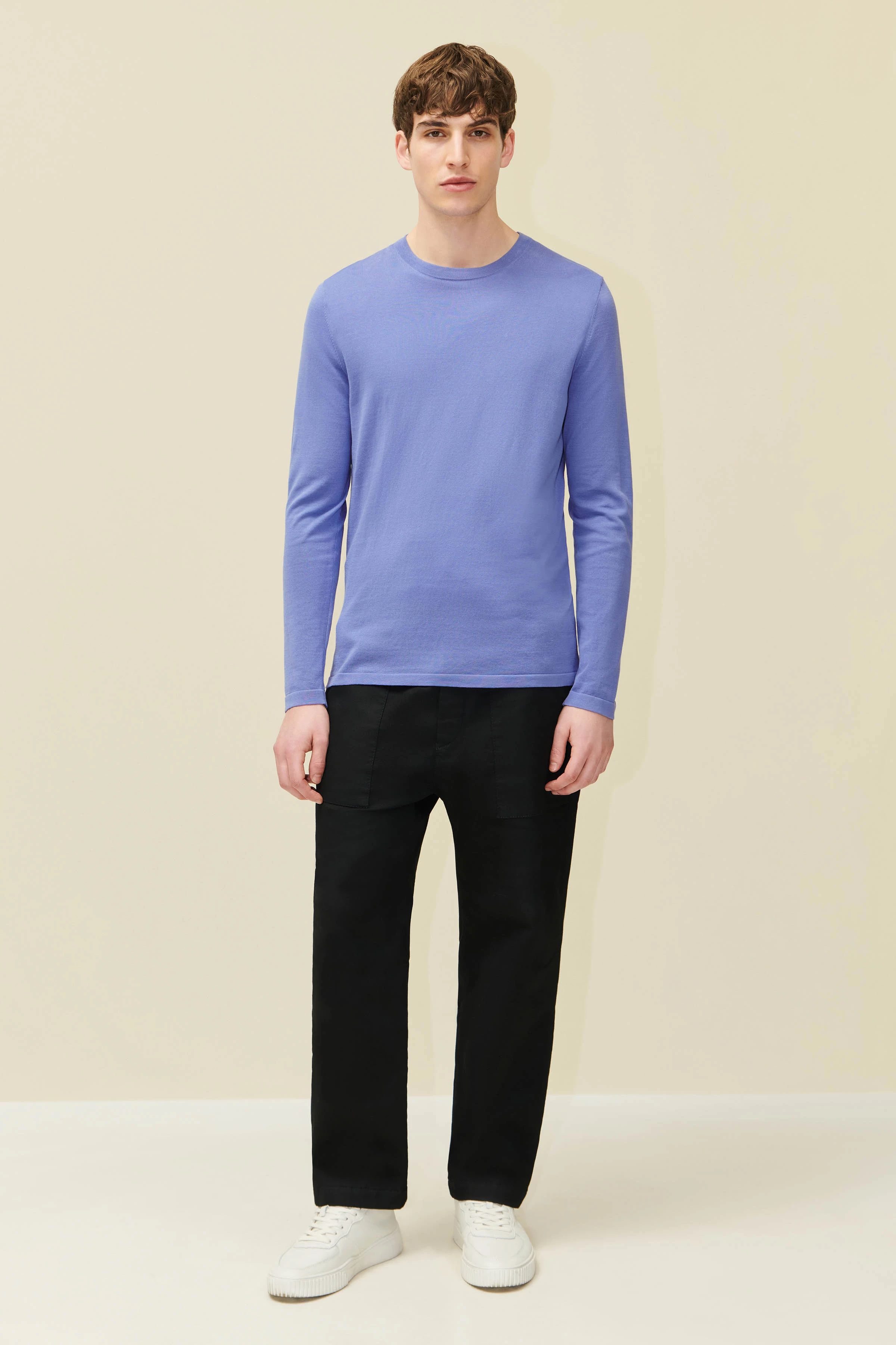 IRMINO - Strick Longsleeve in Regular Fit aus merzerisierter Baumwolle - Herren - blau - Ganzkörper-Frontansicht