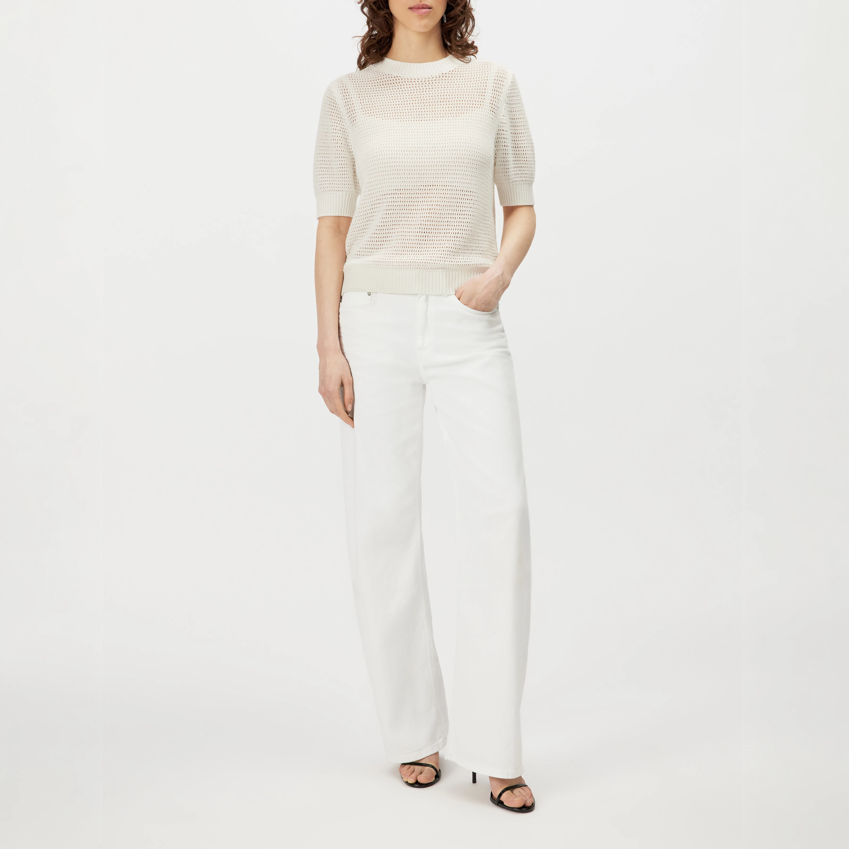 SANIDY - Strick T-Shirt in Baumwolle-Mix - Damen - off white - Ganzkörper-Frontansicht