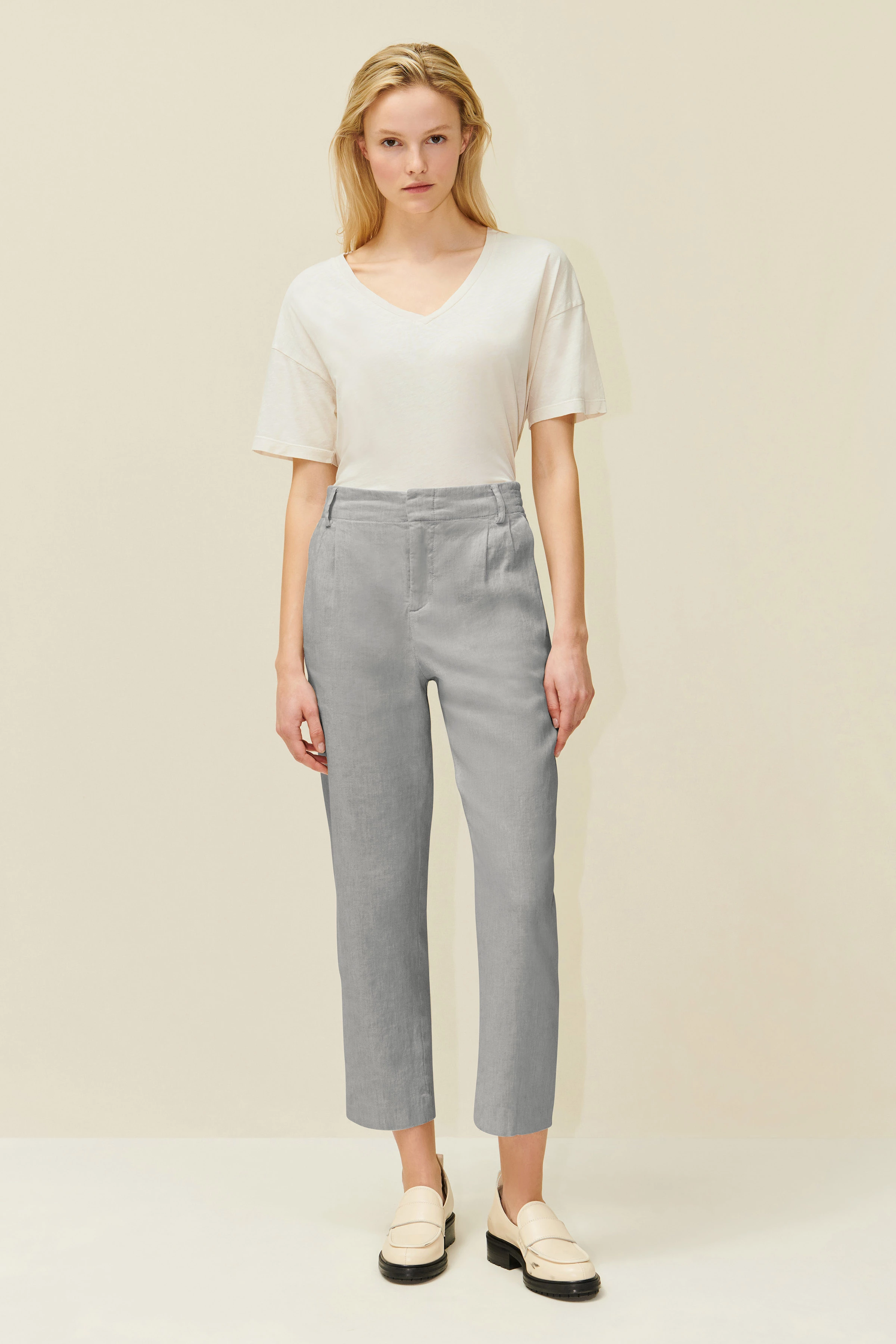 DISPATCH_0 - Bundfaltenhose aus Baumwoll-Leinen-Mix - Damen - grau - Ganzkörper-Frontansicht