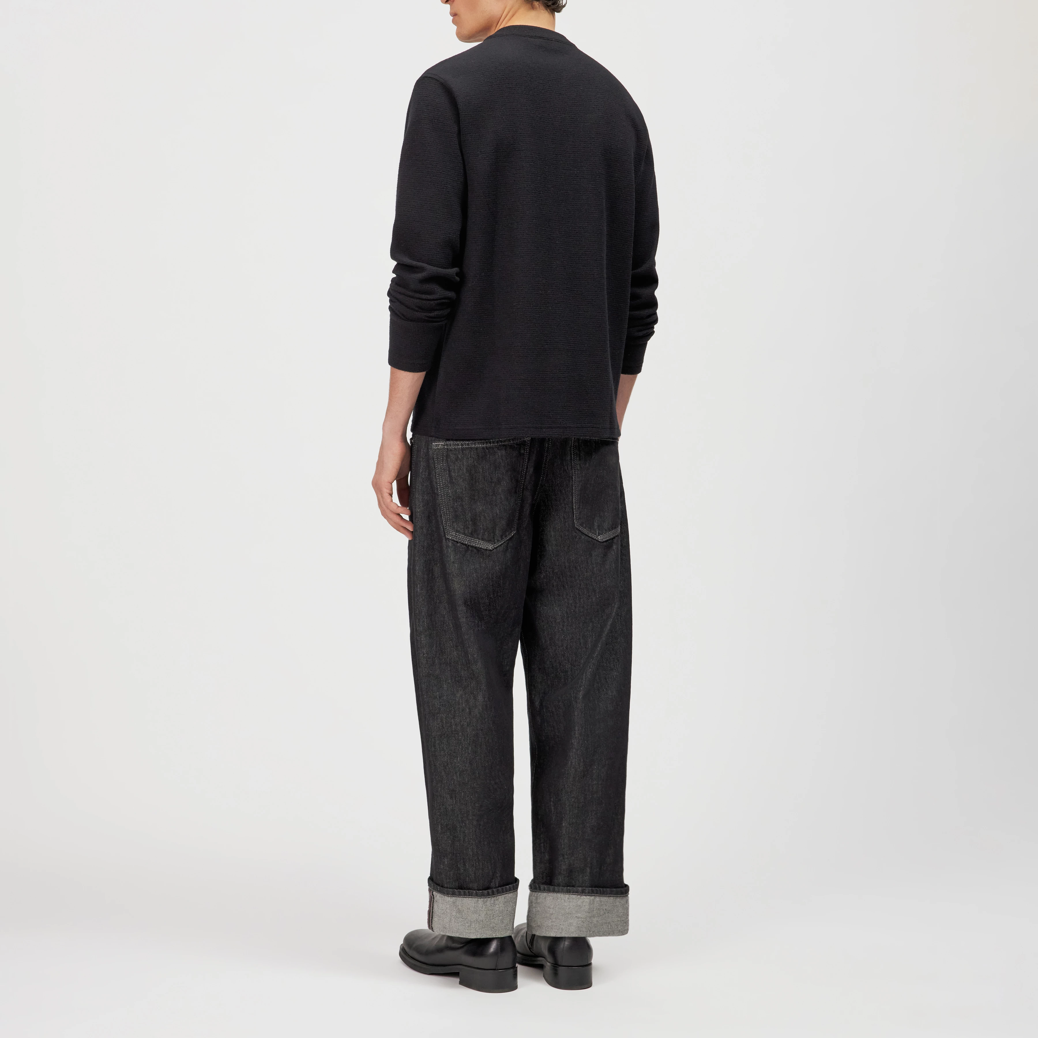 MALIOR - Henley long sleeve with waffle texture - men - black - Rückansicht