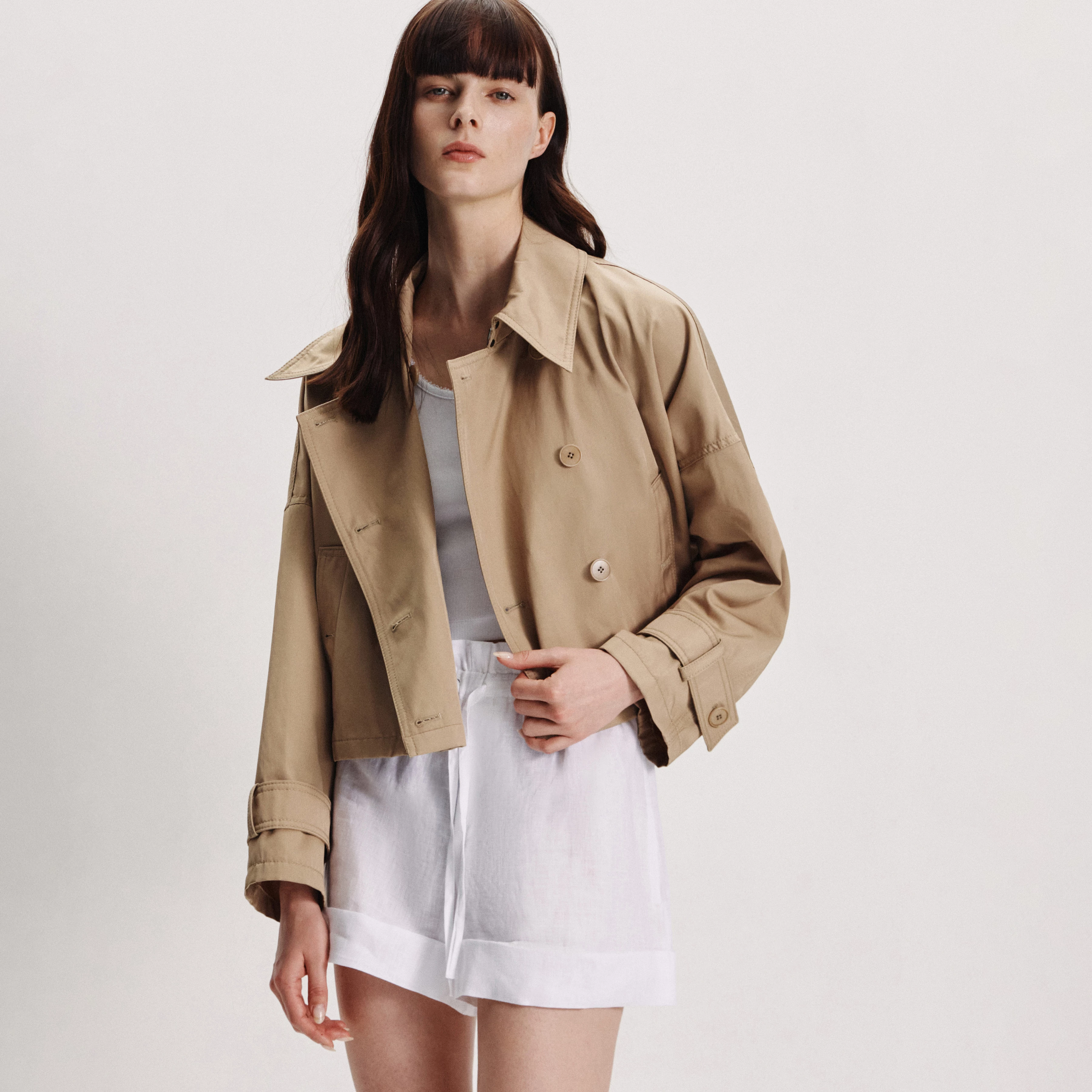 HELSBY - Short oversized trench coat in technical twill - women - brown