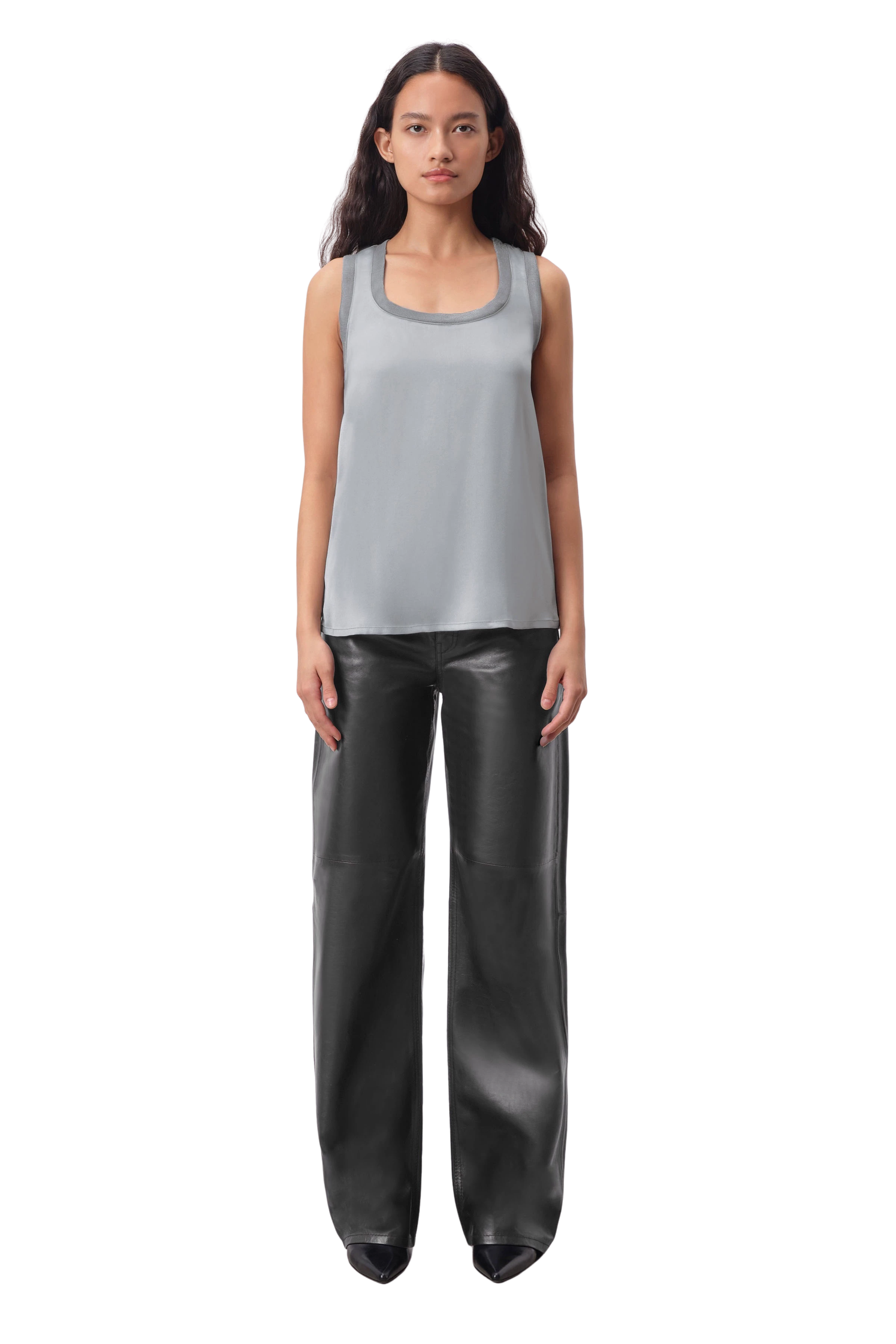 LEOMA - Top with knitted cuffs in satin - women - grey - Ganzkörper-Frontansicht