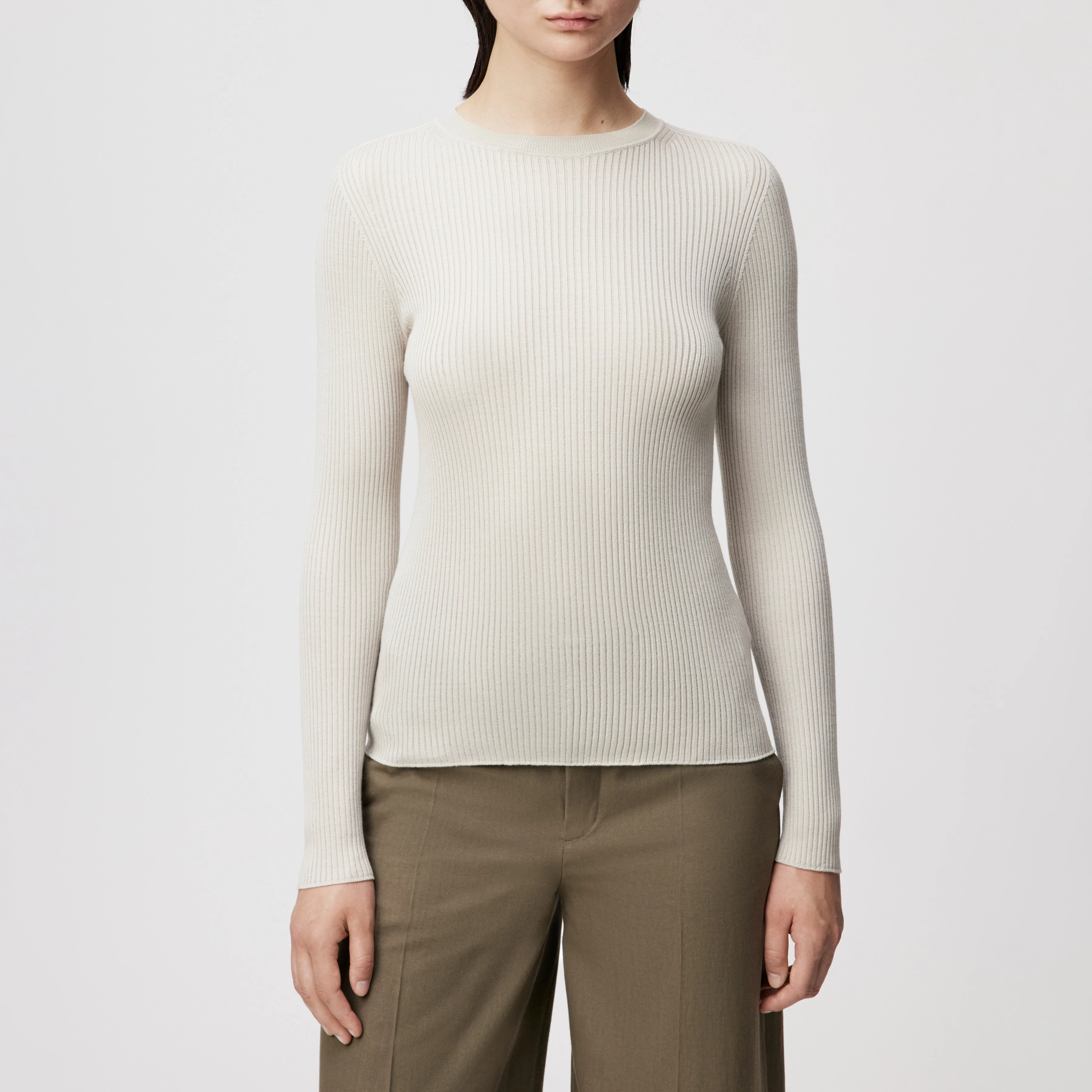 ERMA - Longsleeve mit Rundhals in fließendem Wollmix - Damen - beige - Frontansicht