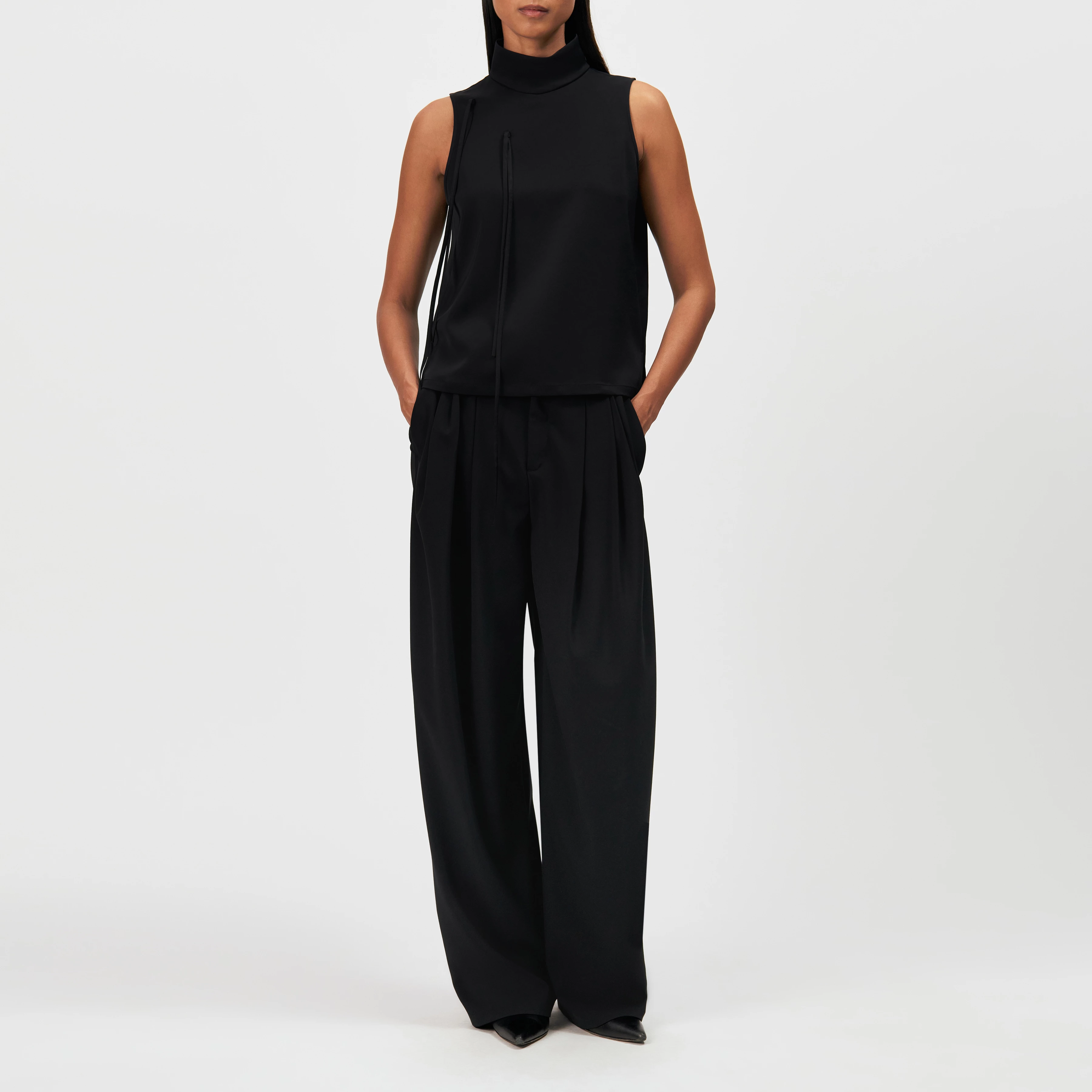 HALIRA_1 - Satin stand-collar blouse top - women - black - Ganzkörper-Frontansicht