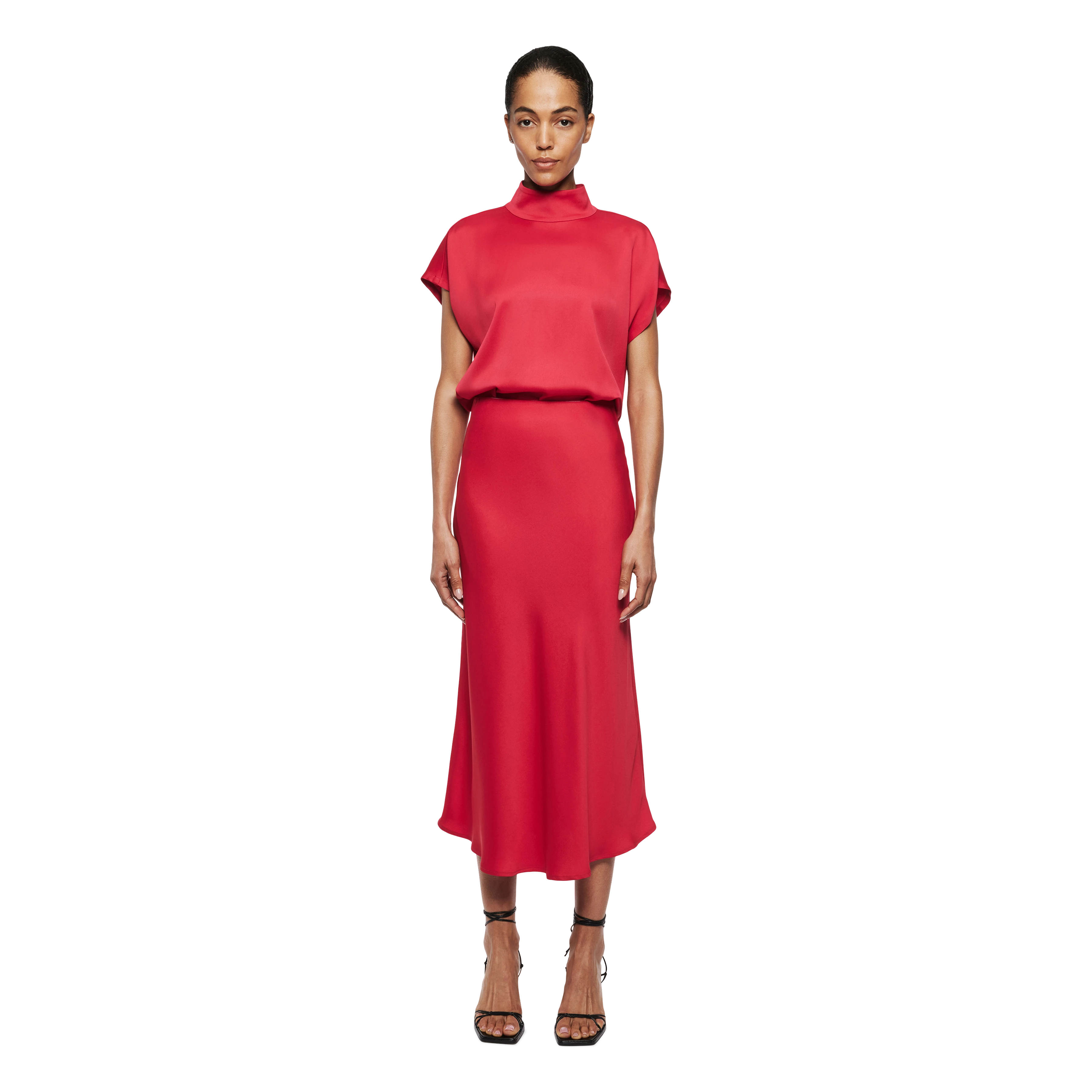 URA - Slip-Skirt in Midilänge in Satin - Damen - rot - Ganzkörper-Frontansicht