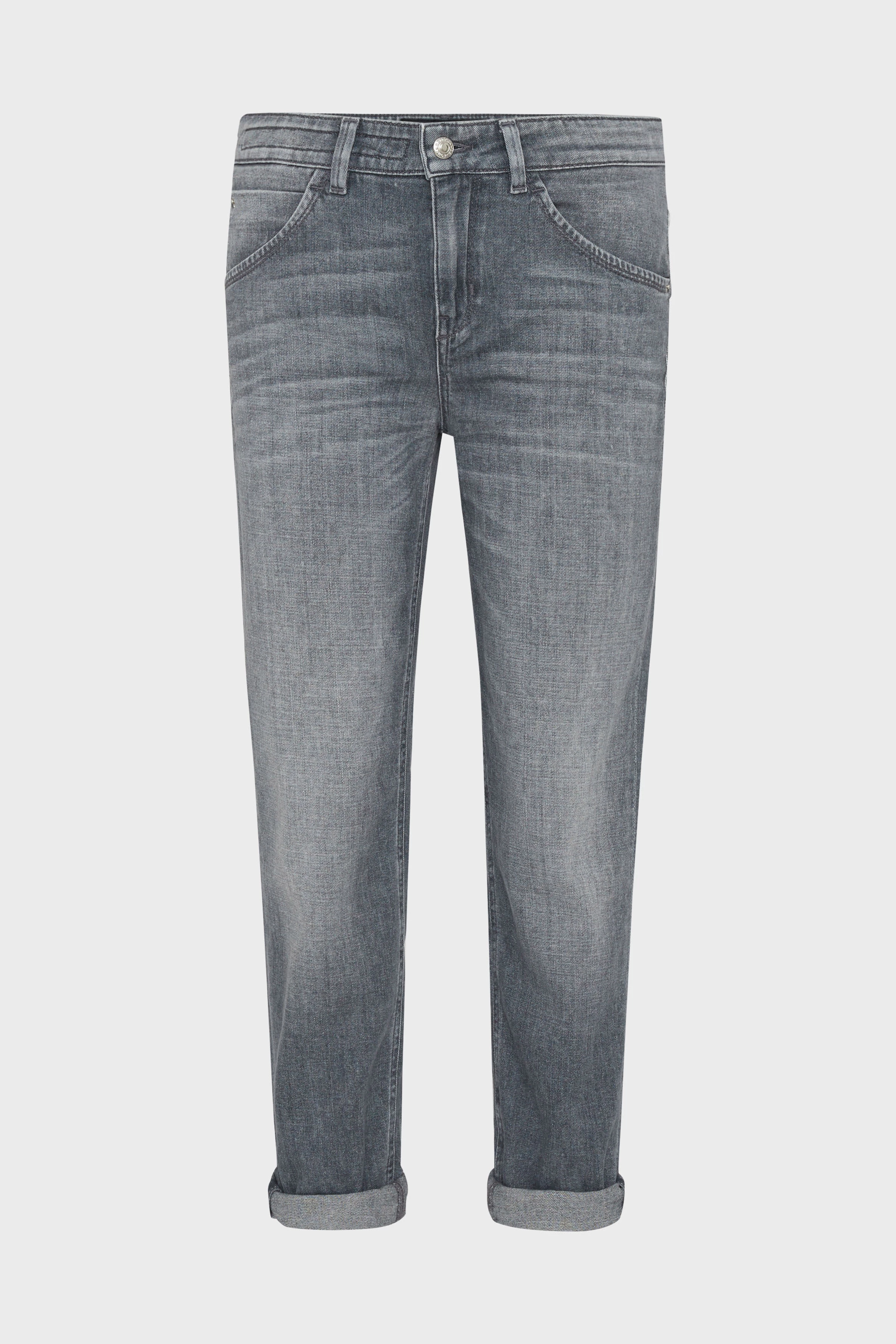 LIKE - Girlfriend-Jeans mit Krempelsaum in soft-touch Denim mit Used-Effekten - Damen - grau - Freisteller Frontansicht