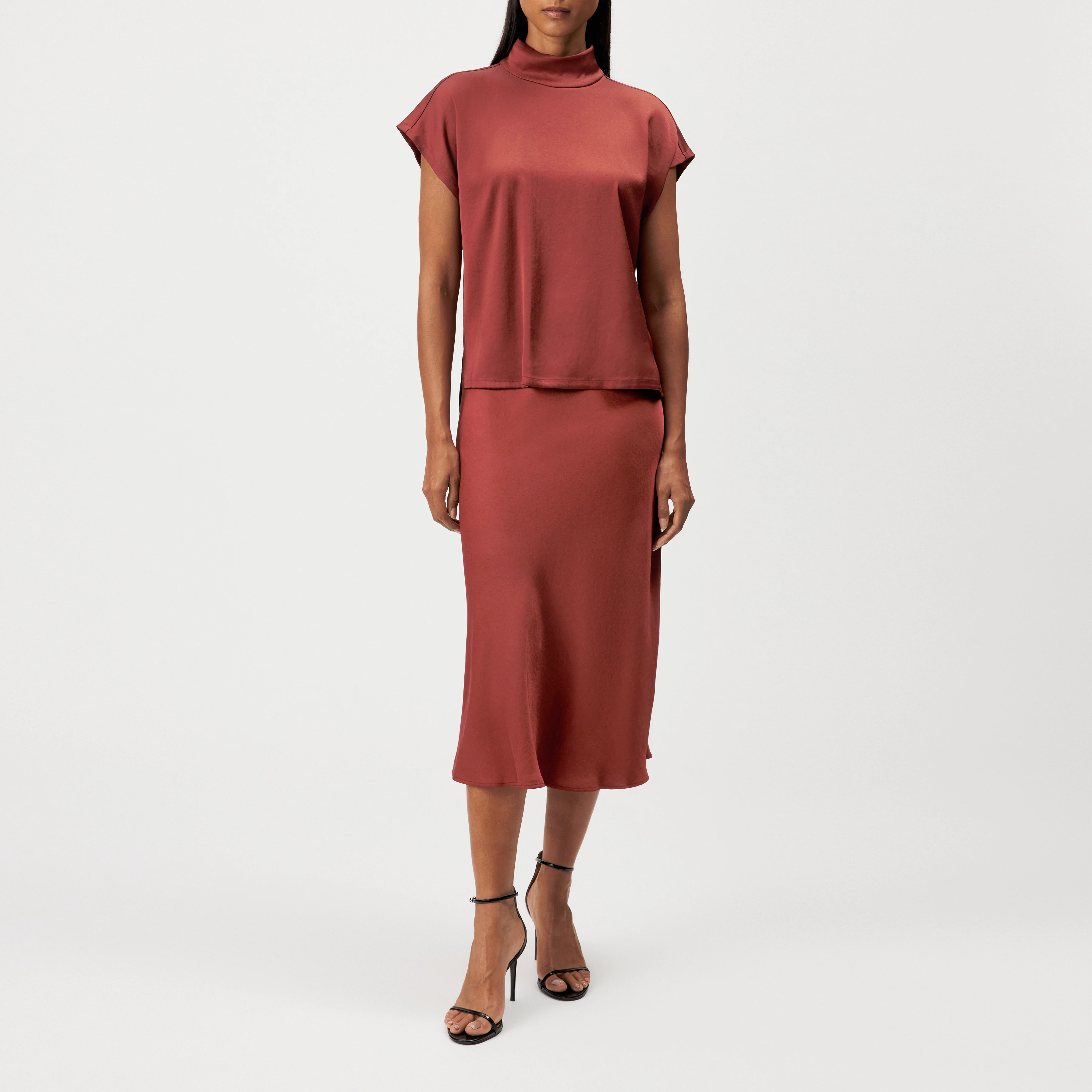 ALARIA_1 - Shirt blouse with stand-up collar in satin - women - red - Ganzkörper-Frontansicht