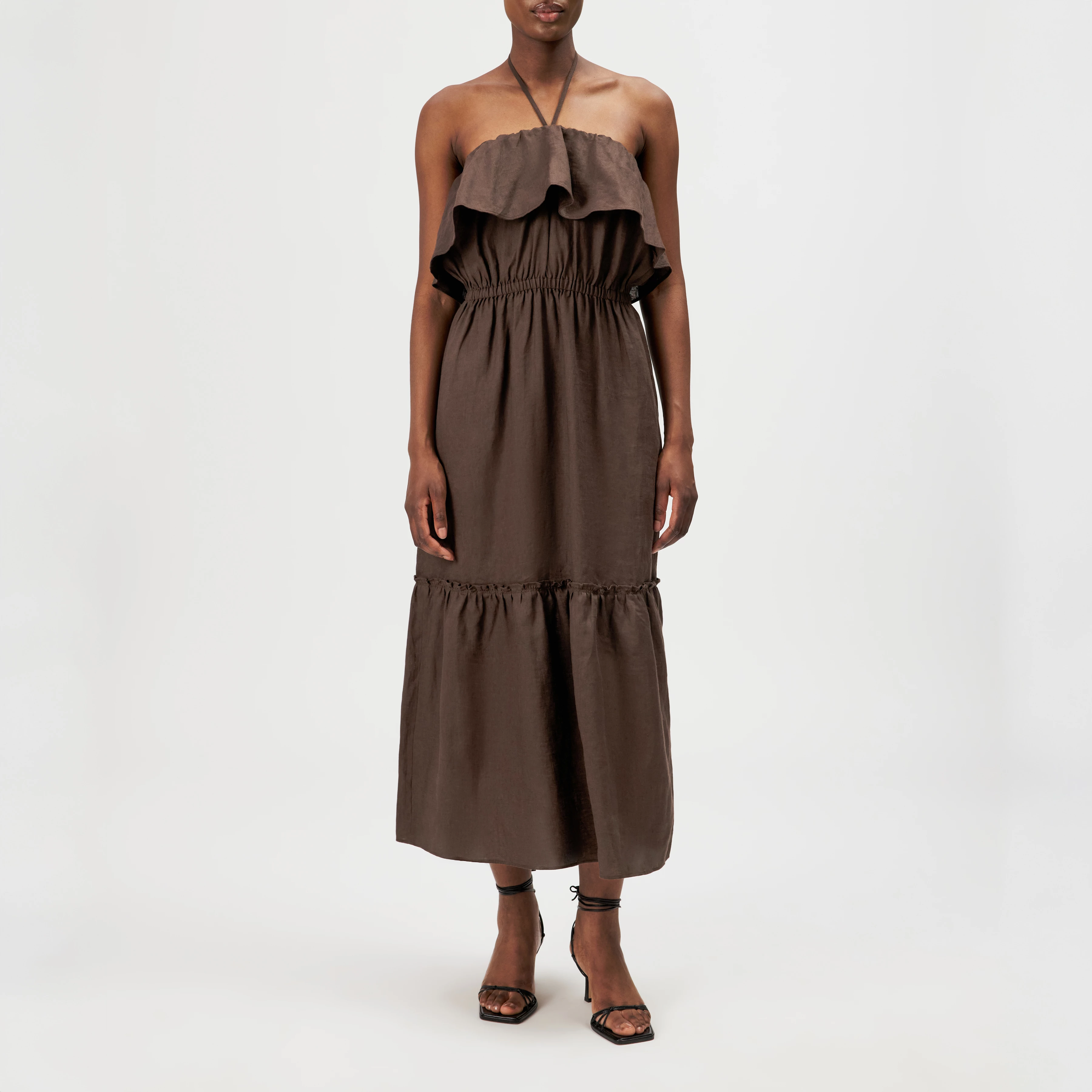 LUMIRA - Bandeau maxi dress with ruffle in pure linen - women - brown - Ganzkörper-Frontansicht