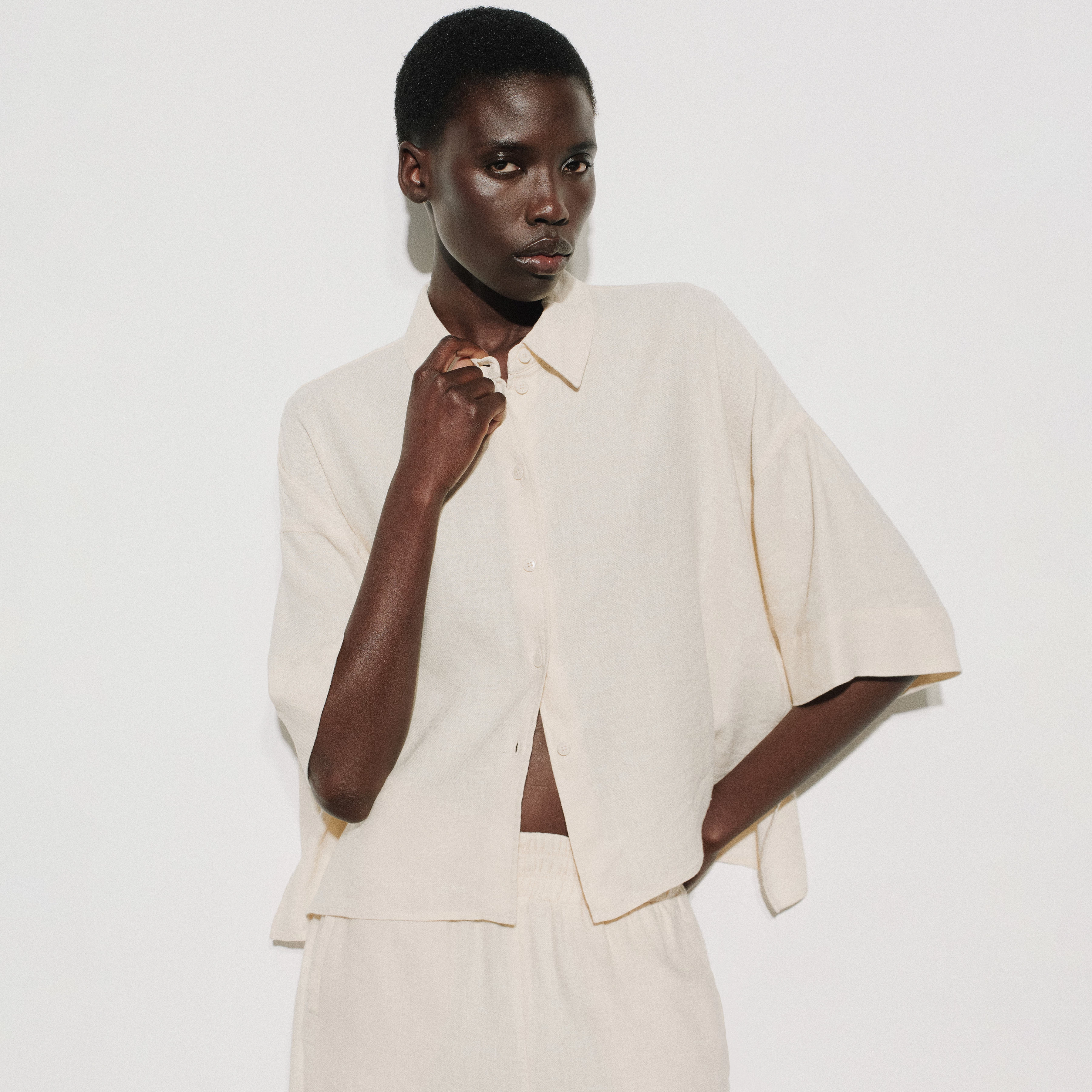 YARIKA - Kastige Hemdbluse in Leinen-Mix - Damen - off white