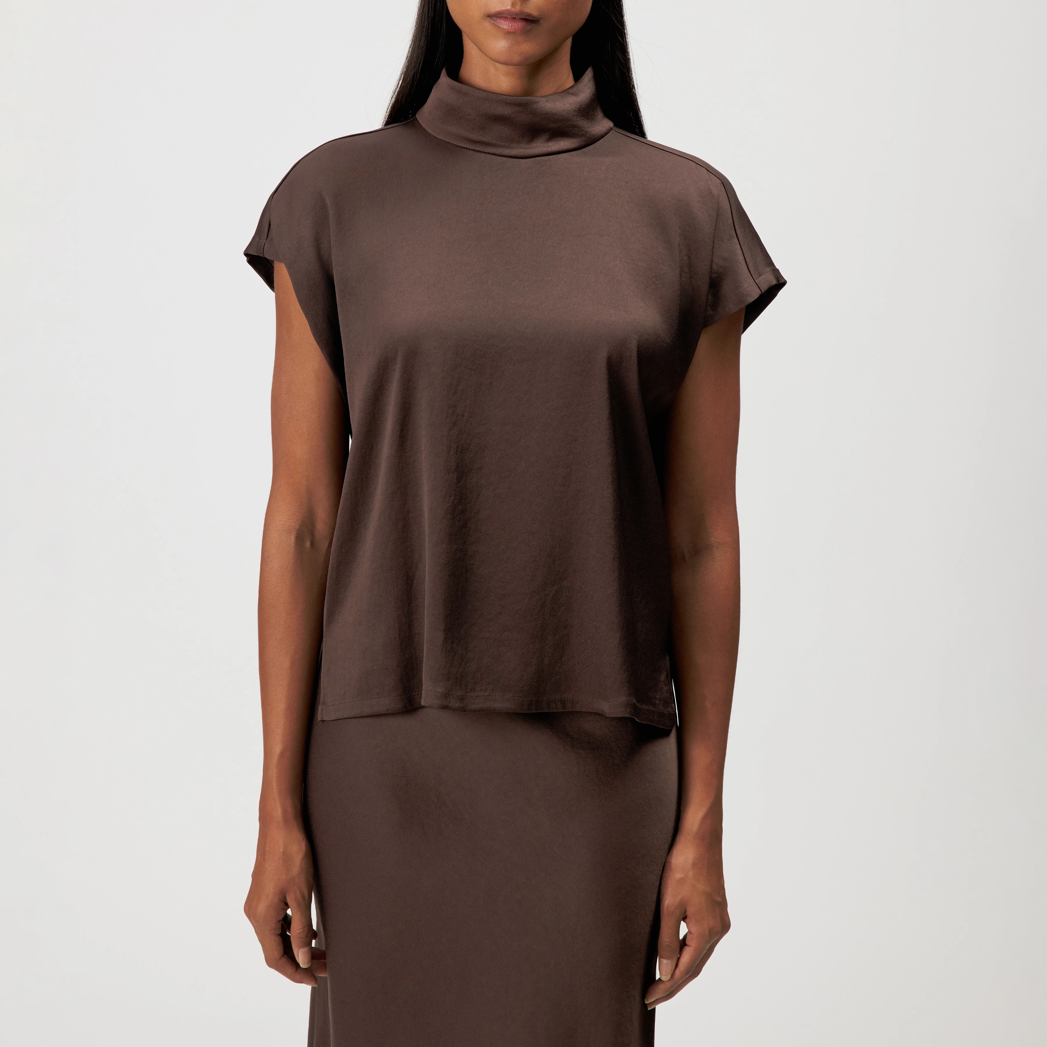 ALARIA_1 - Shirt blouse with stand-up collar in satin - women - brown - Frontansicht