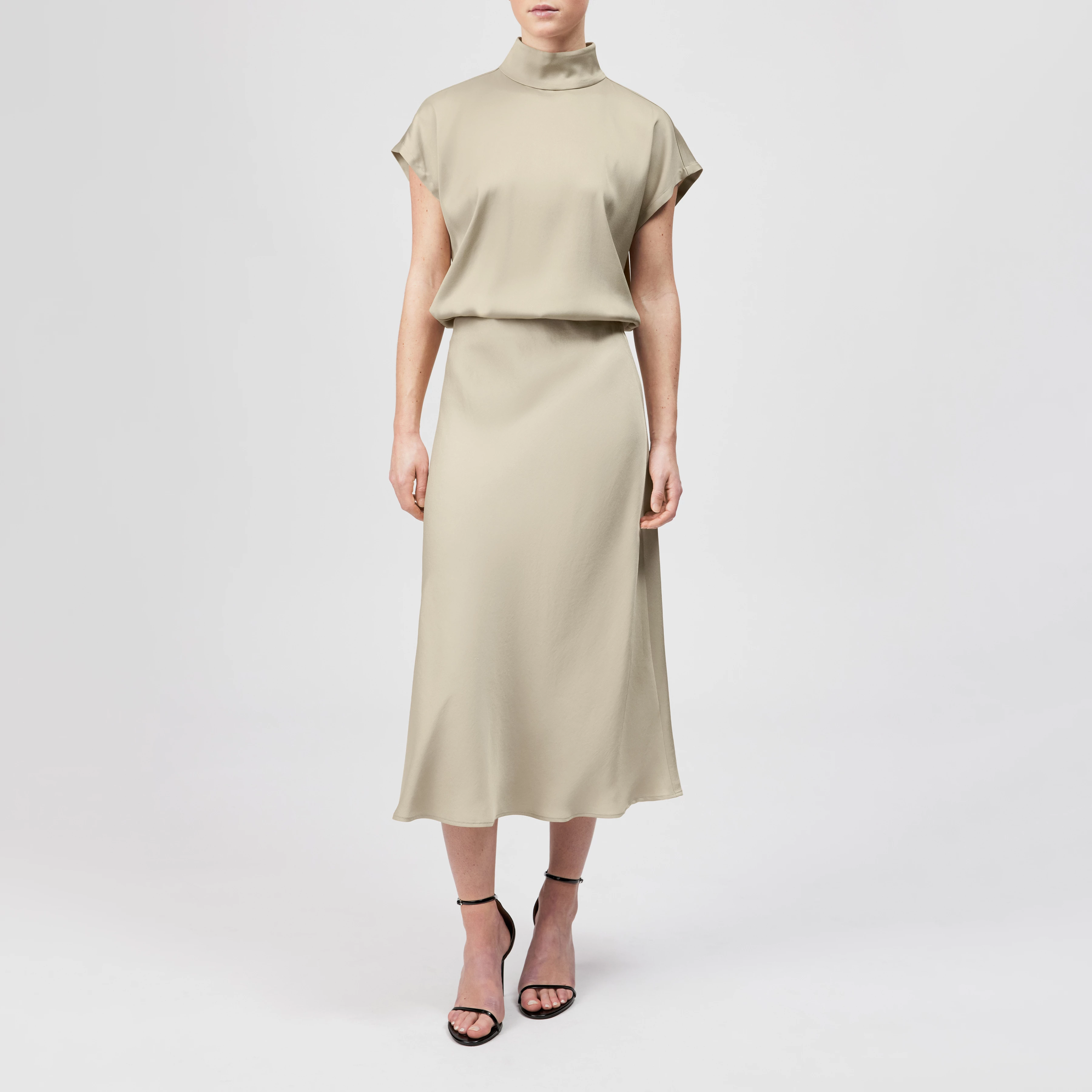 URA - Mid-length slip skirt in satin - women - beige - Ganzkörper-Frontansicht
