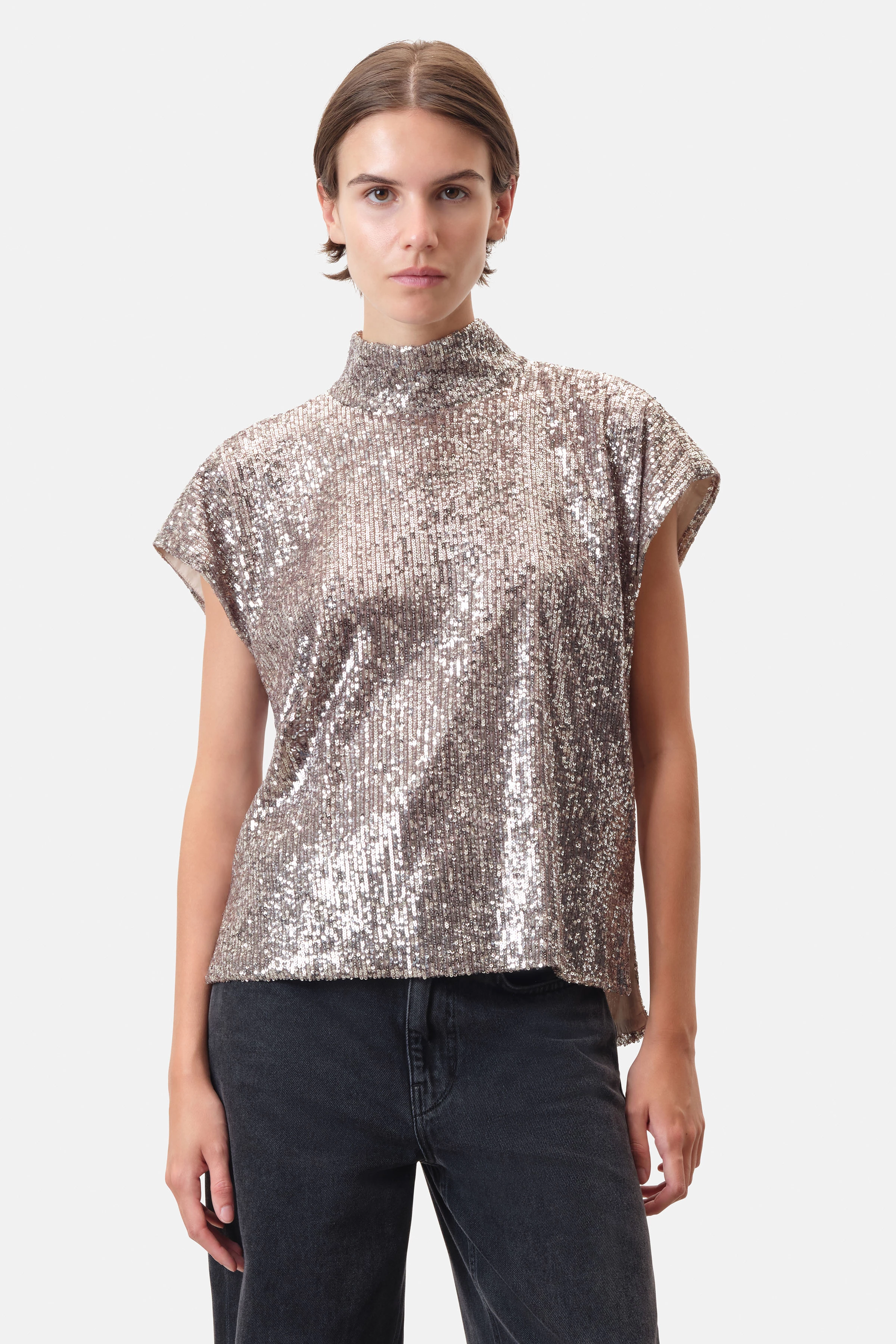 ALARIA_1 - Shirt-Bluse mit Stehkragen in bedruckter Paillette - Damen - grau - Frontansicht