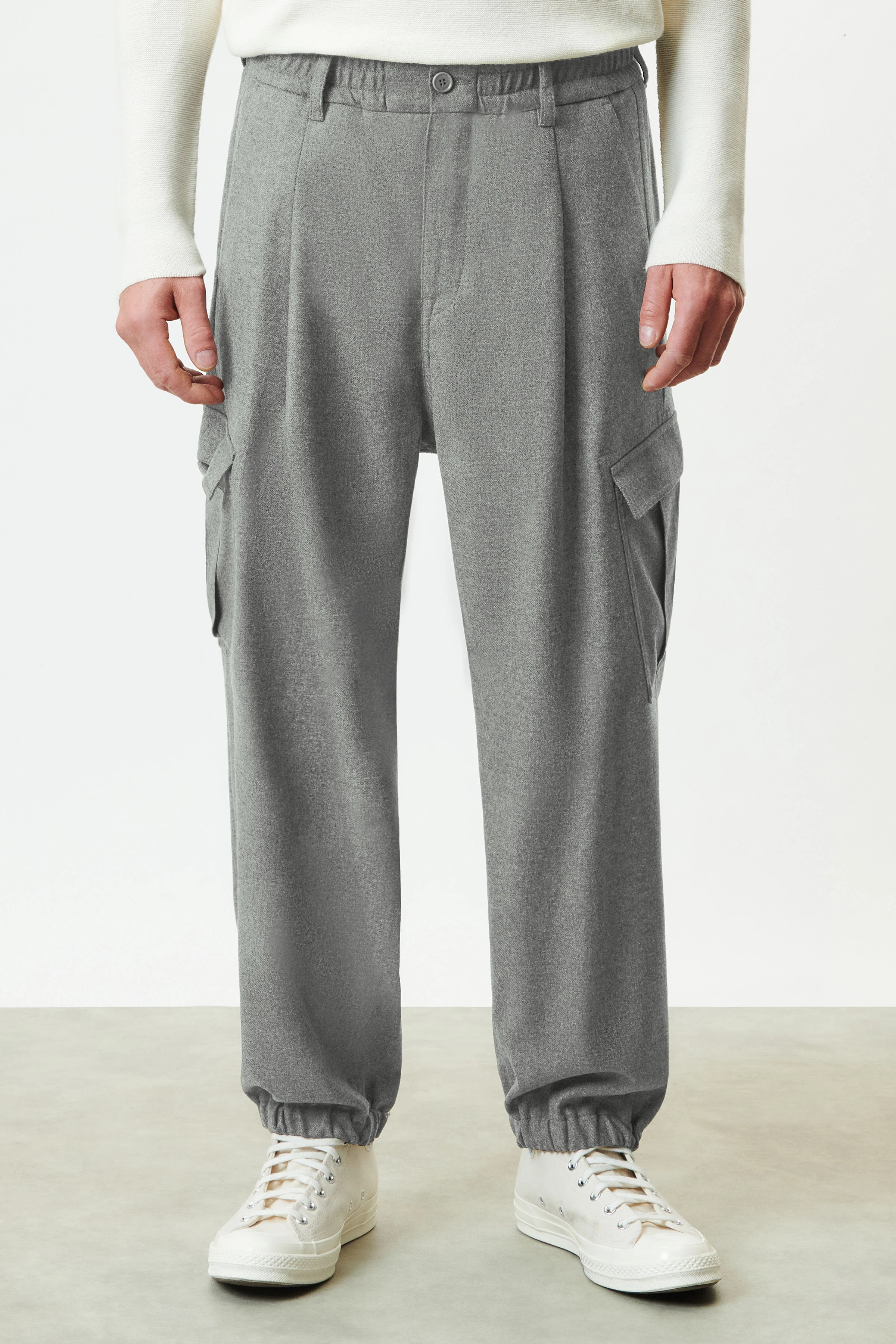 LIGRO - pantalon utilitaire à pinces en flanelle de laine douce - men - gris - Frontansicht