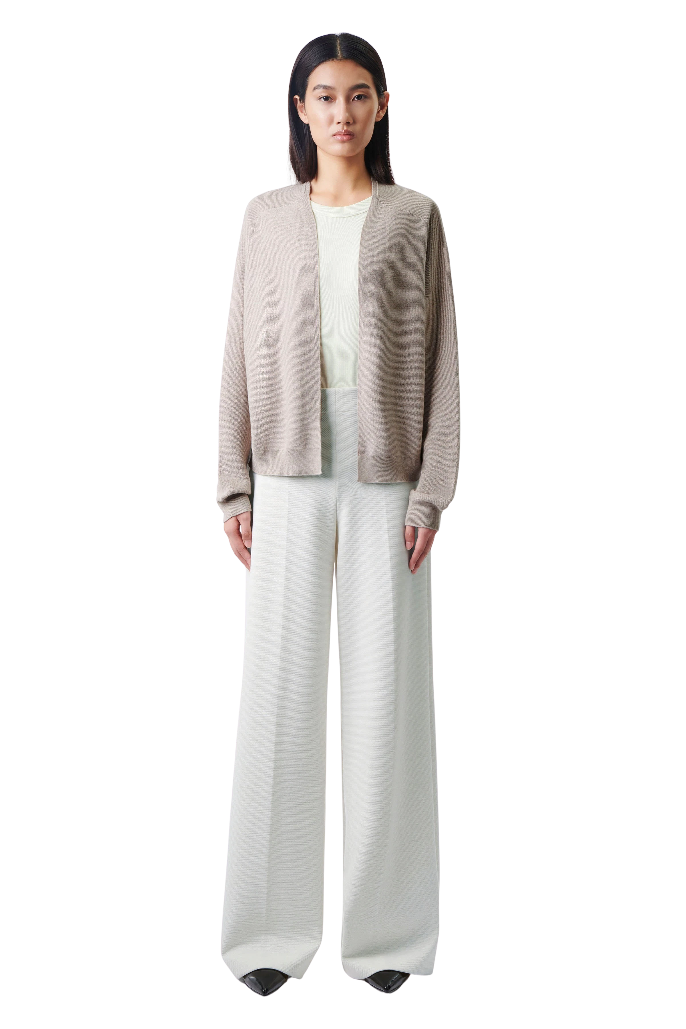 MIRALA - lässige Strickjacke in Baumwoll-Kaschmir - Damen - beige - Ganzkörper-Frontansicht