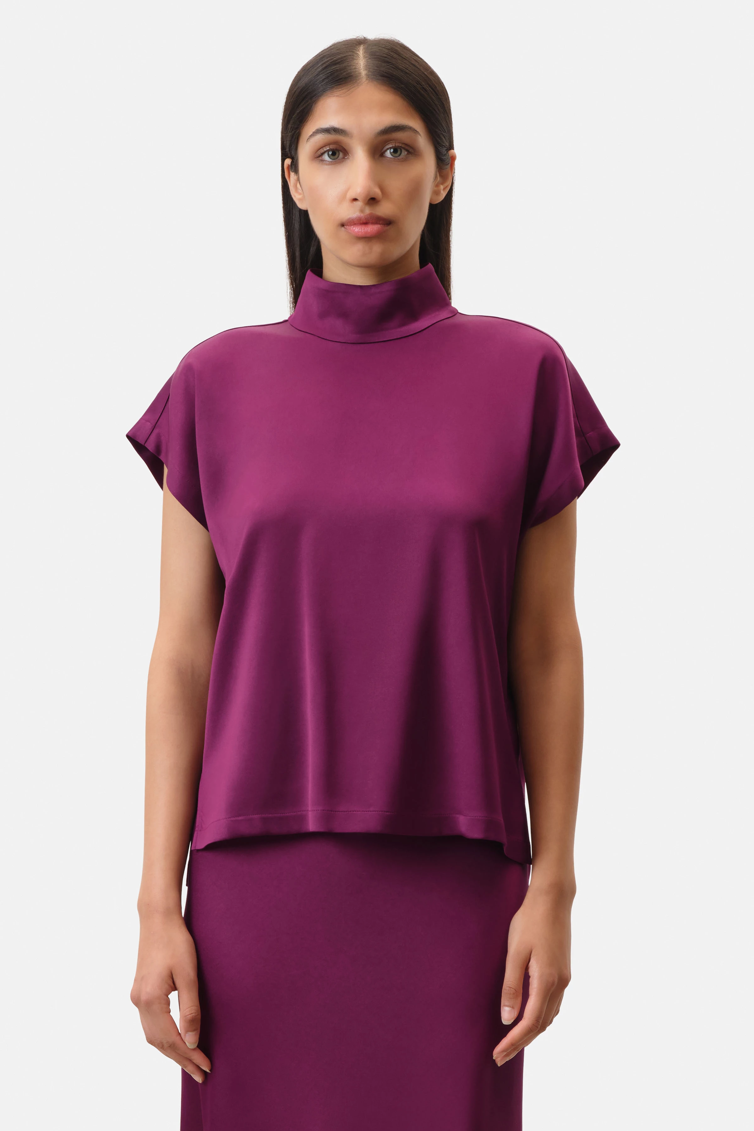ALARIA_1 - overhemdblouse met opstaande kraag in satijn - dames - purper - Frontansicht