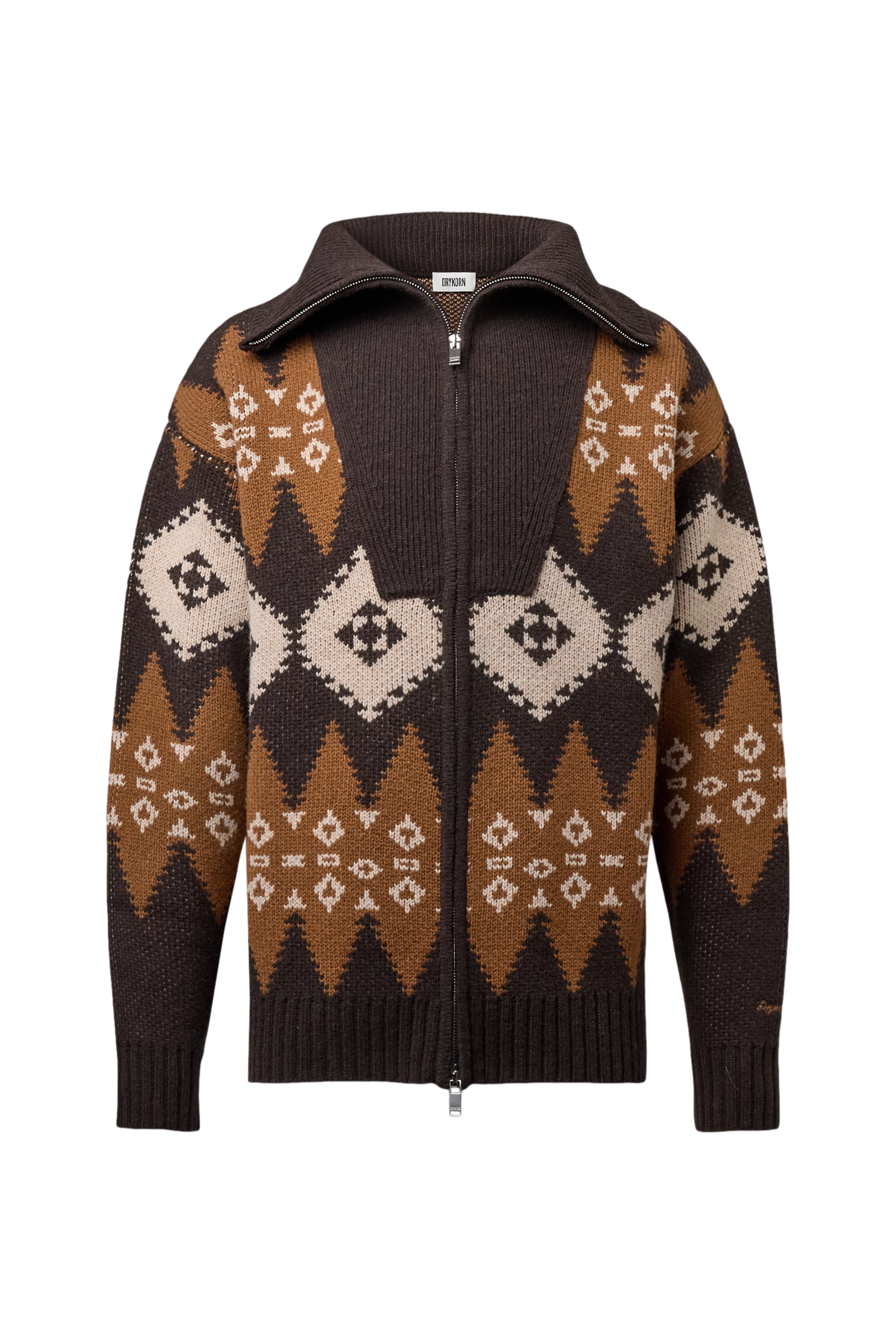 KYELL - Two-Way Zip Pullover in Jacquard Knit - men - brown - Freisteller Frontansicht