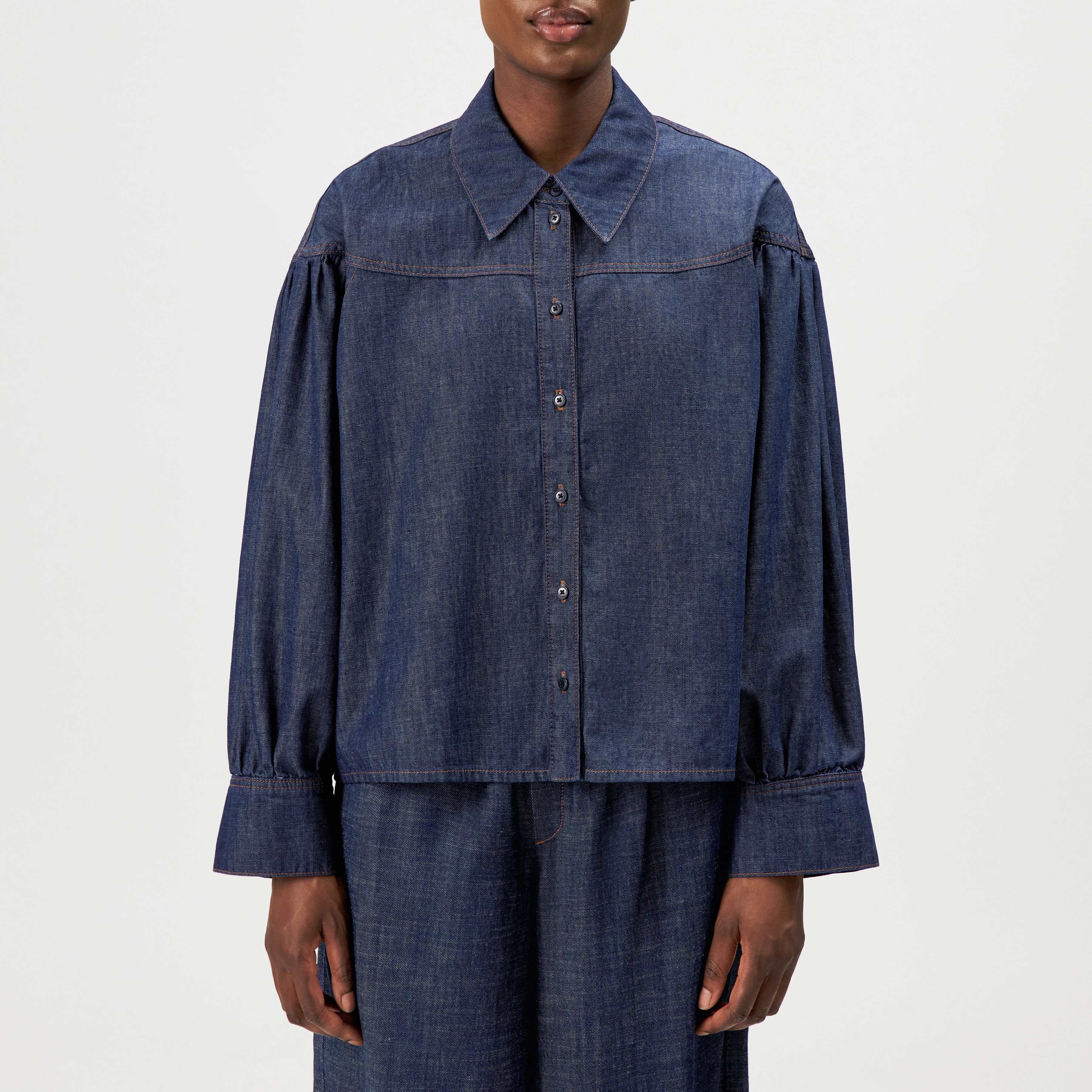 SELENI - Shirt blouse in pure cotton - women - blue - Frontansicht