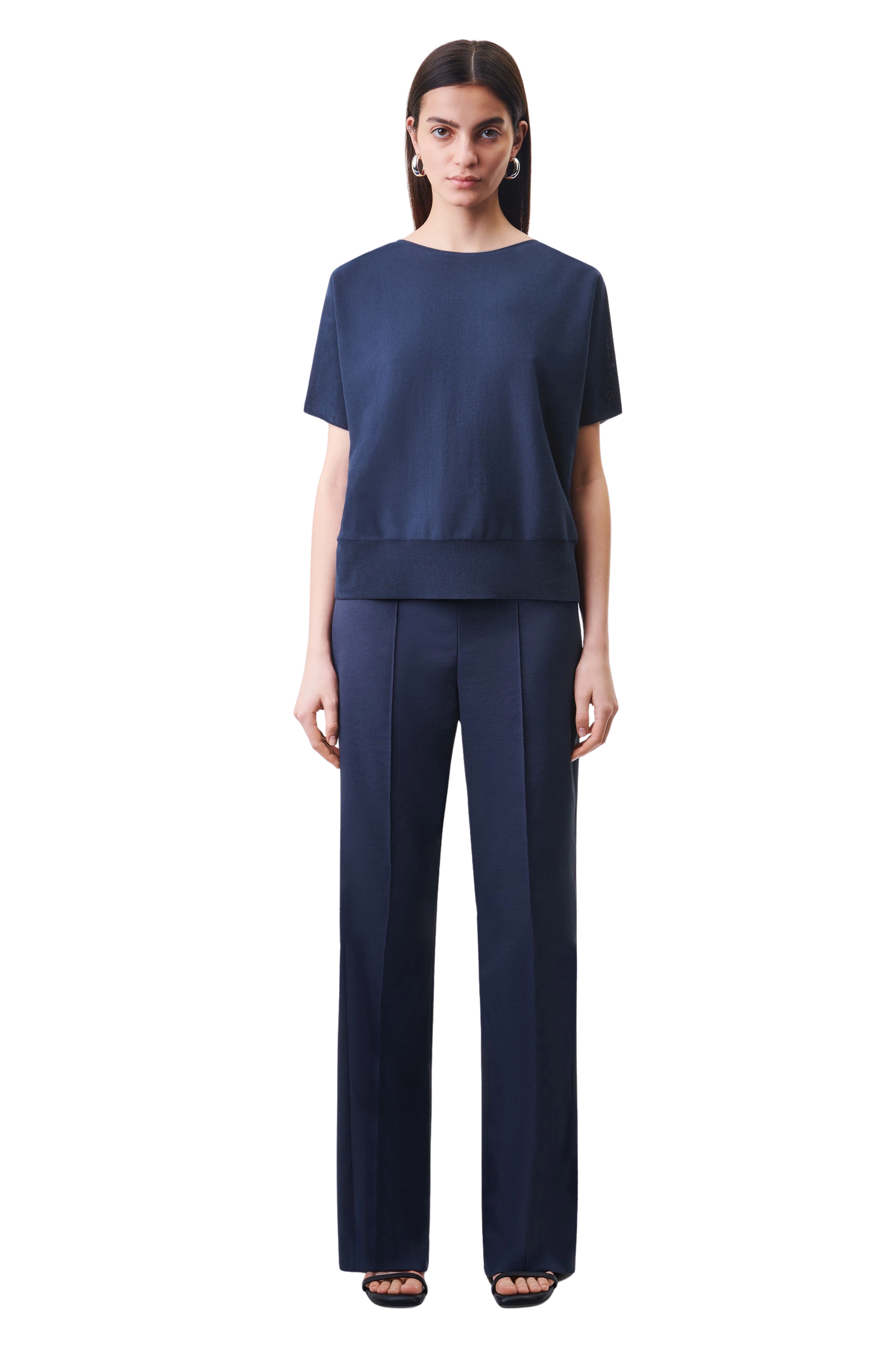 SOMELI - Strick-T-Shirt in Baumwoll-Crêpe - Damen - blau - Ganzkörper-Frontansicht