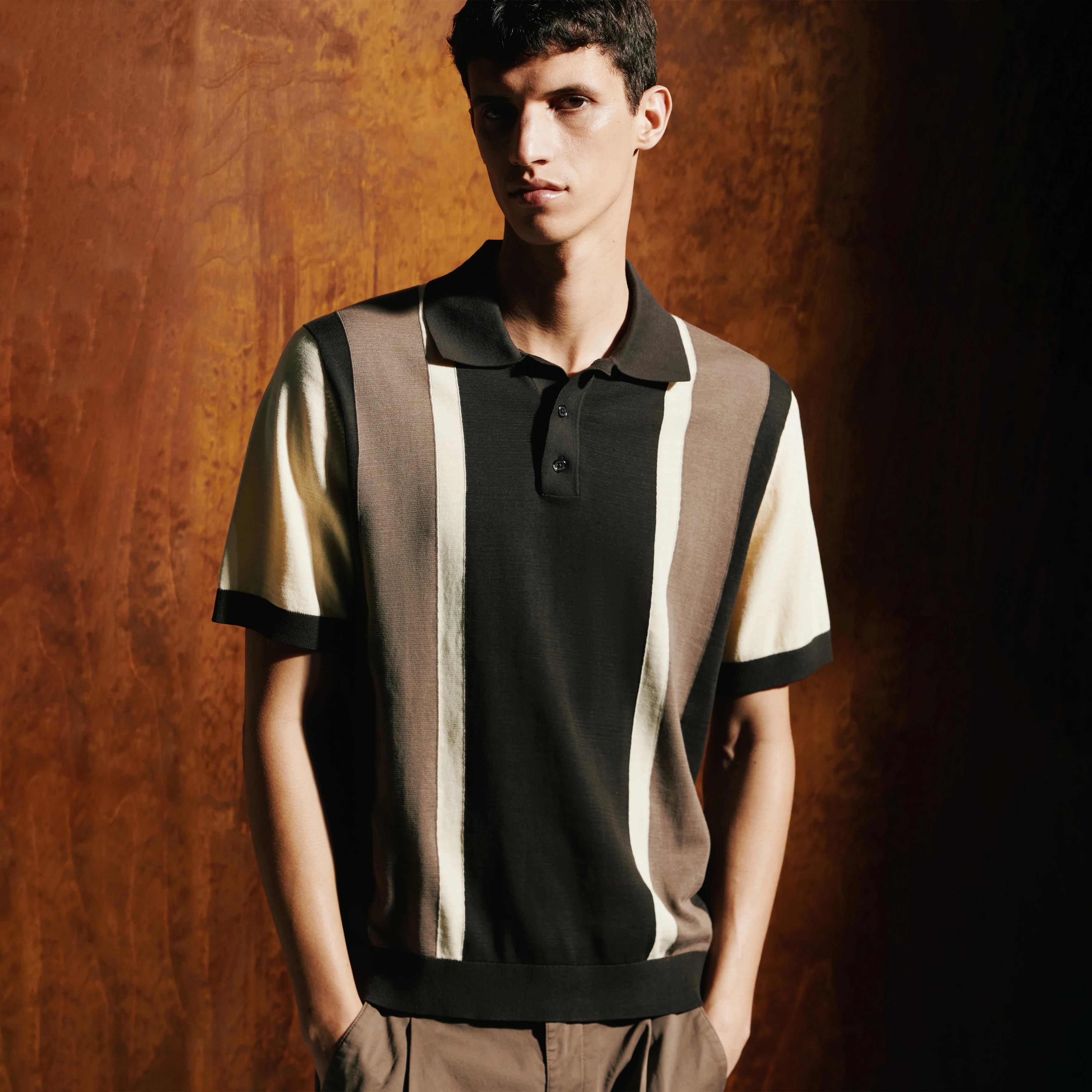 TAMIAN - Pure cotton block stripe polo shirt - men - brown