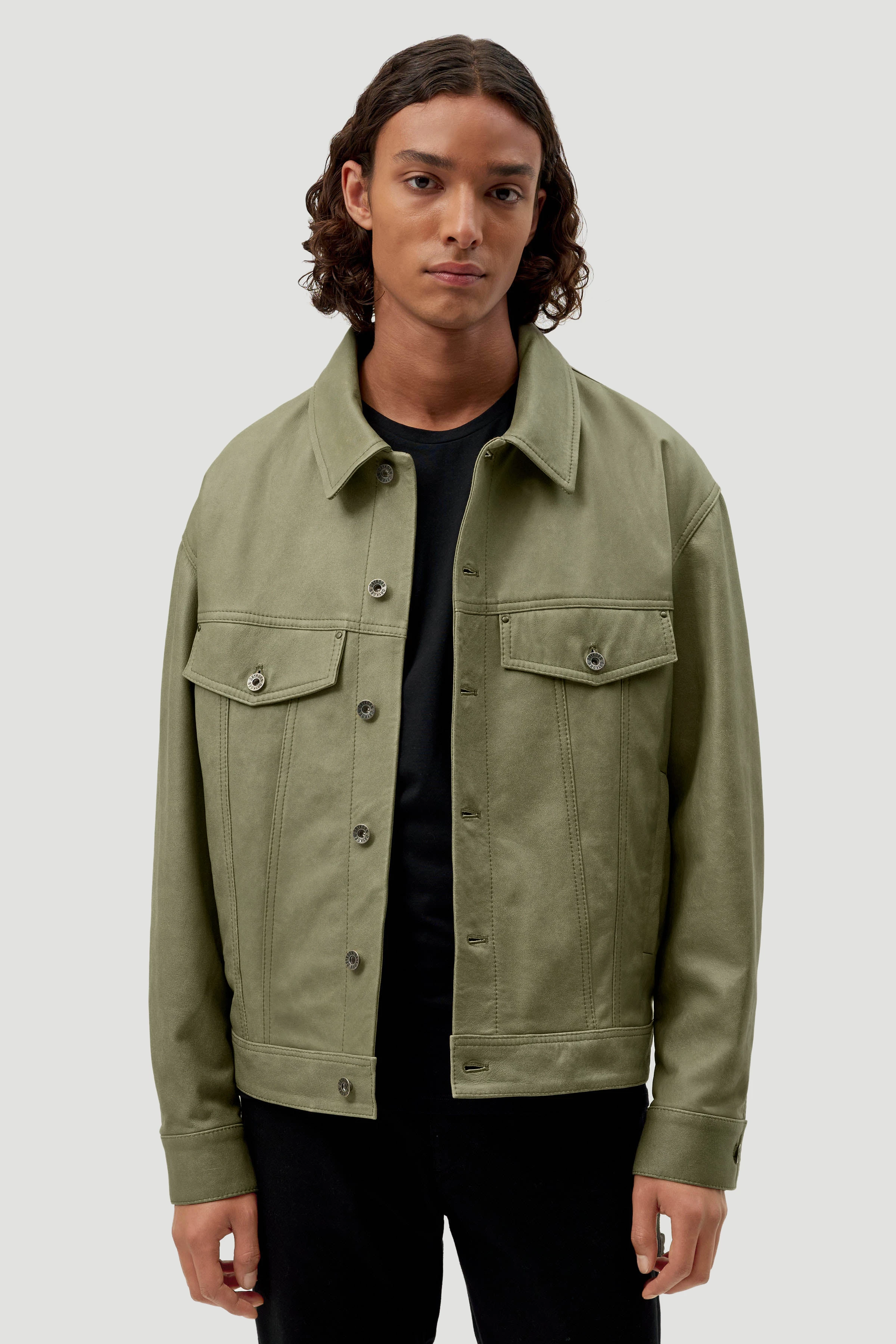 MAJID - Trucker Lederjacke - Herren - grün - Frontansicht