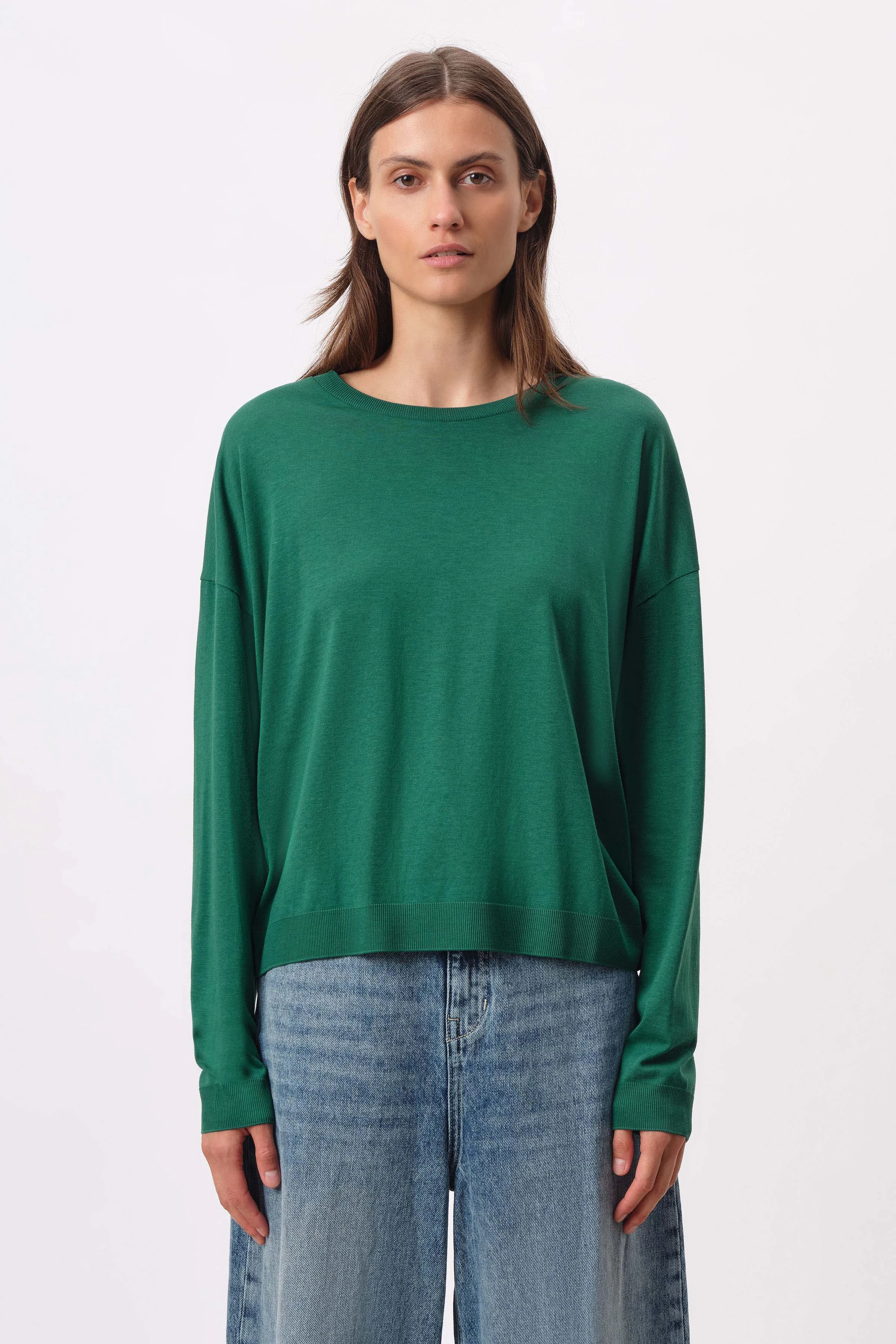CESIDIE - Longsleeve with round neck in knitted look - women - green - Frontansicht