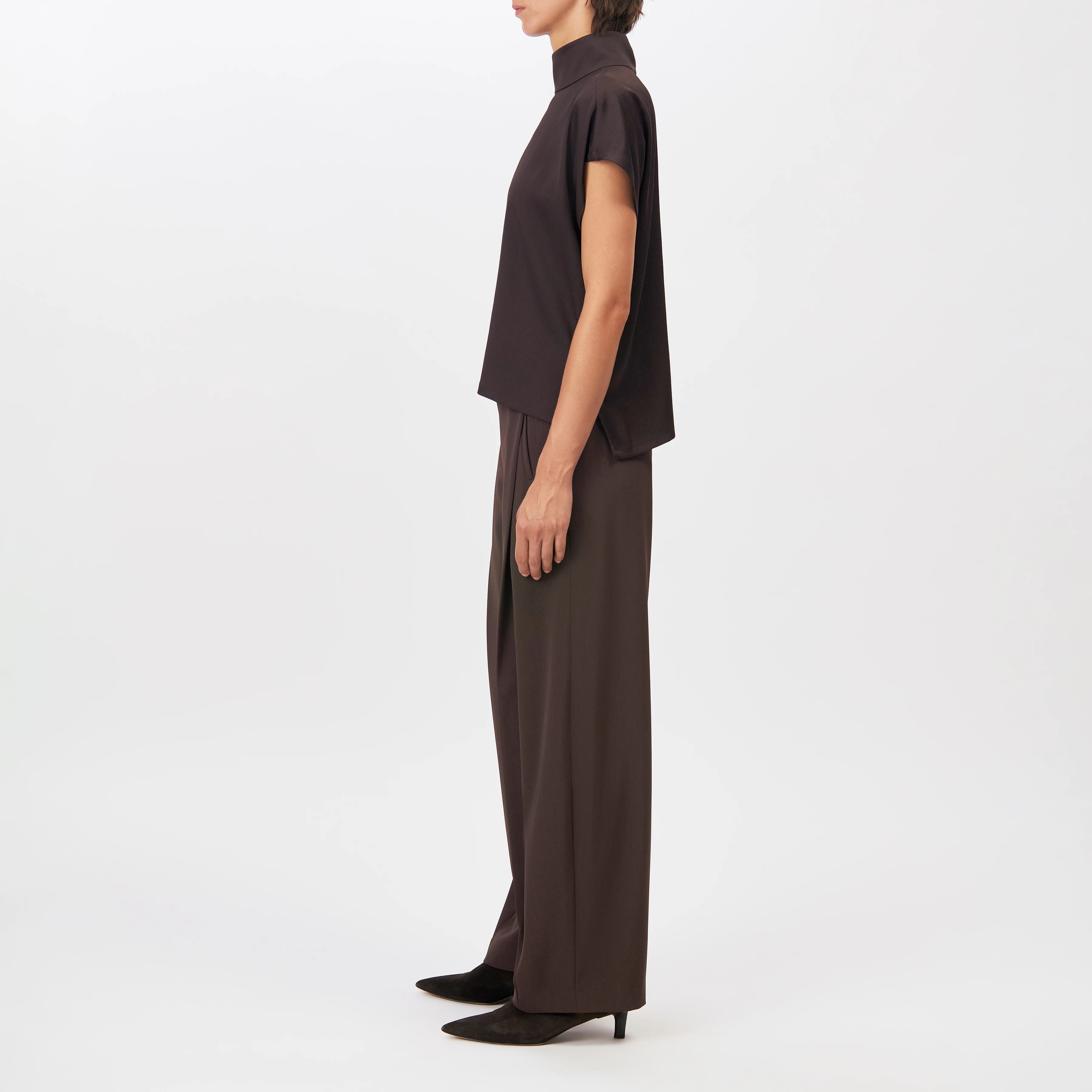 ALARIA_1 - Shirt blouse with stand-up collar in satin - women - brown - Seitenansicht