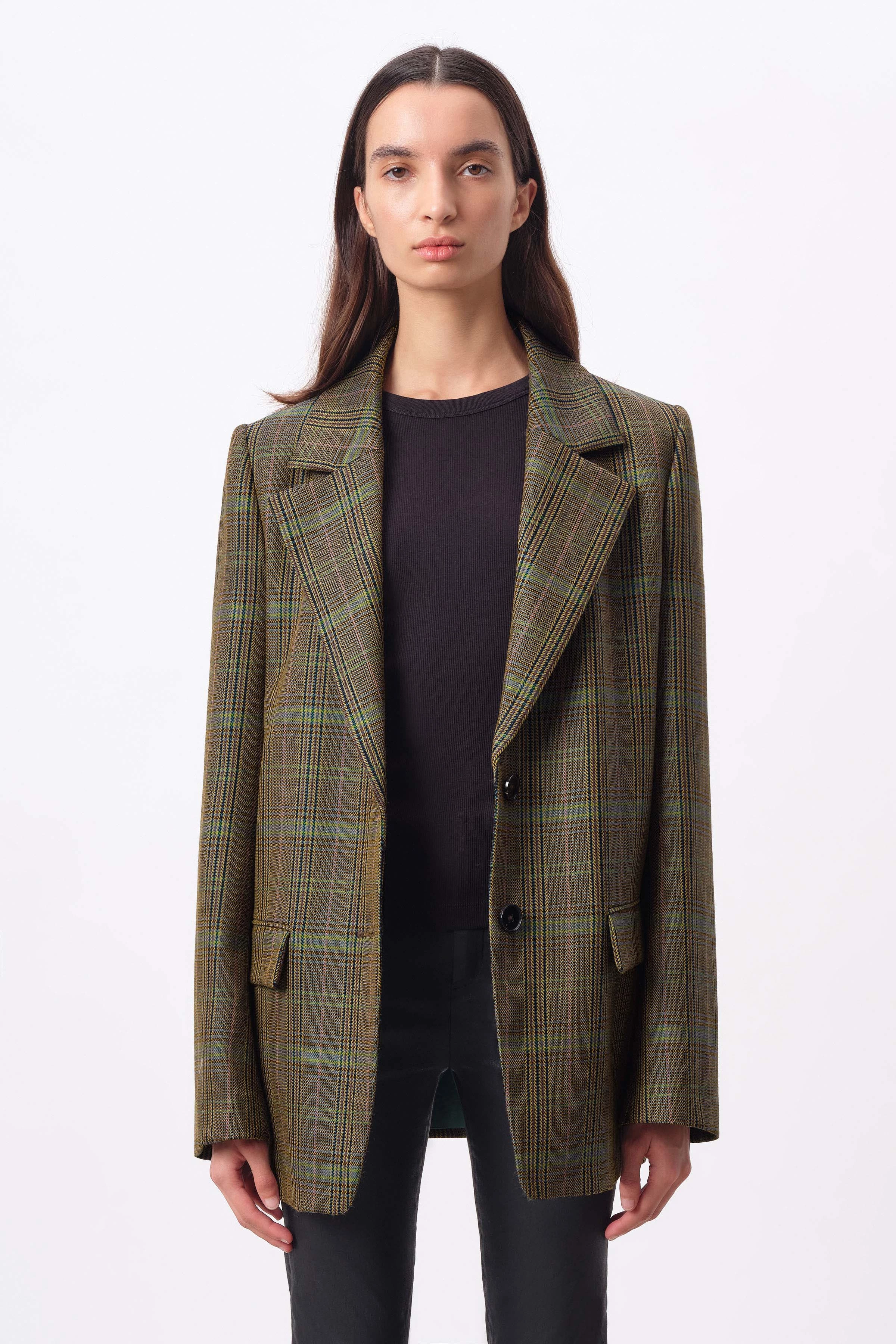 BASCOTE - oversized blazer van scheerwol met ruitmotief - dames - groen - Frontansicht