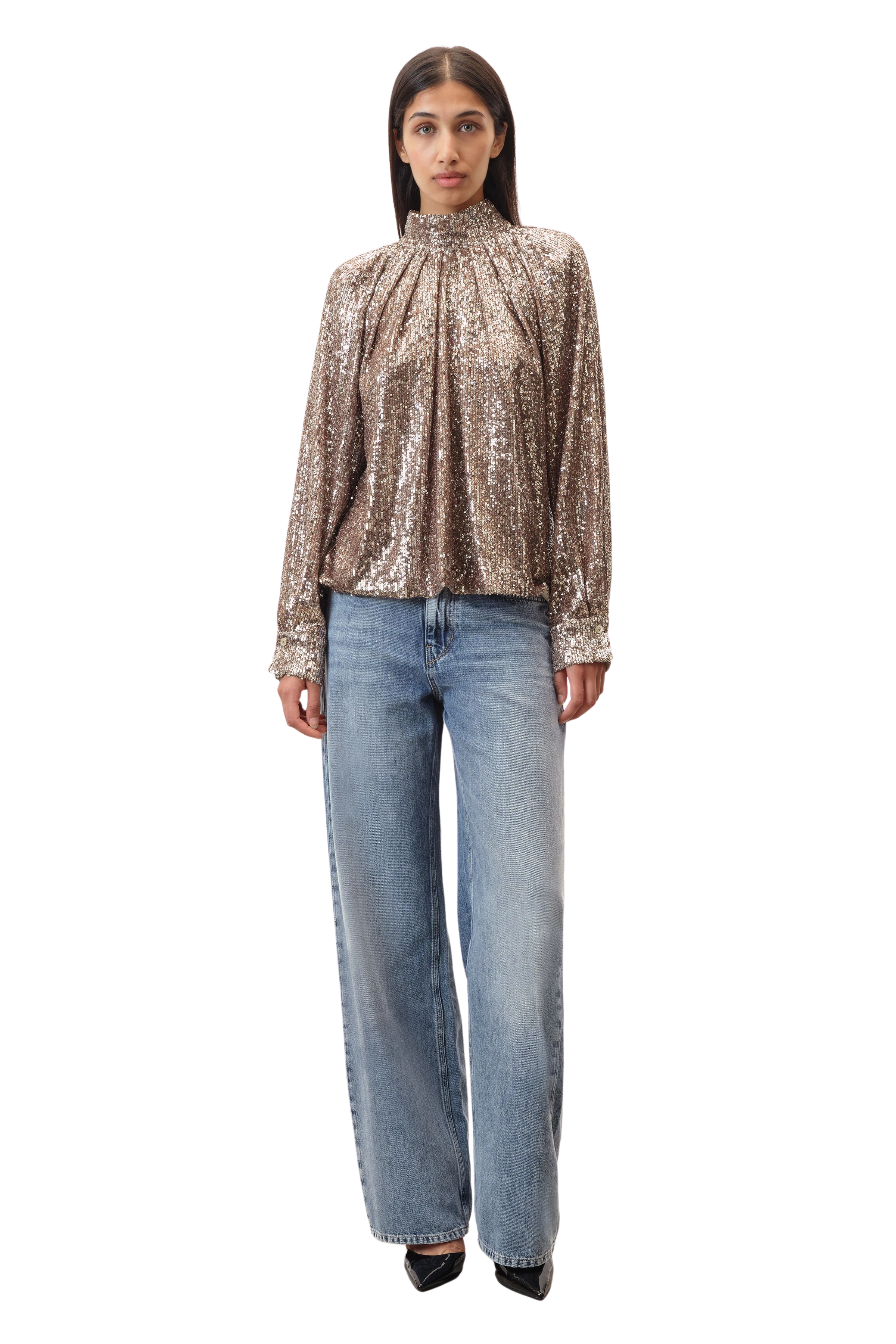DRUNA - Bluse mit Stehkragen in bedruckter Paillette - Damen - braun - Ganzkörper-Frontansicht
