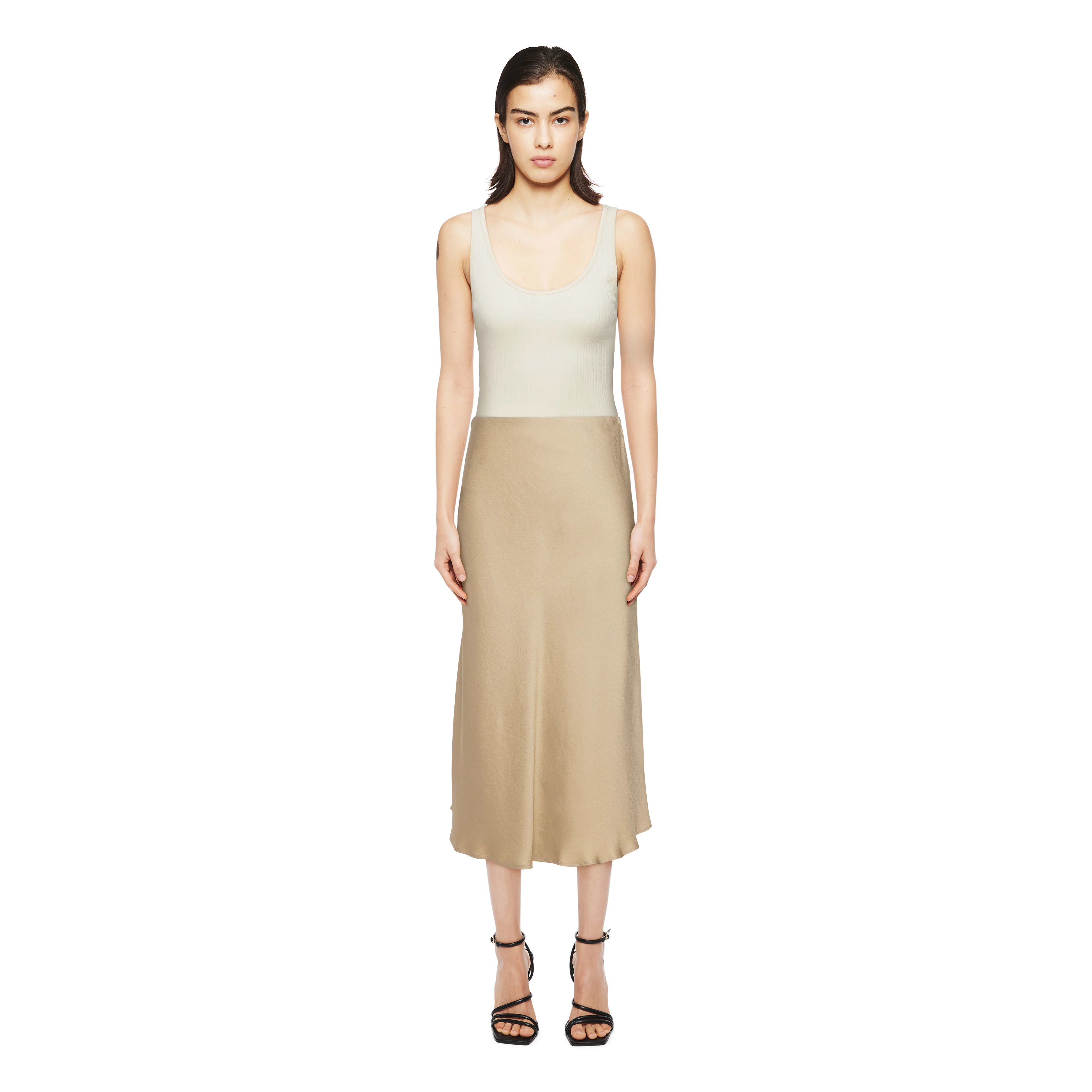 URA - Slip-Skirt in Midilänge in Satin - Damen - braun - Ganzkörper-Frontansicht