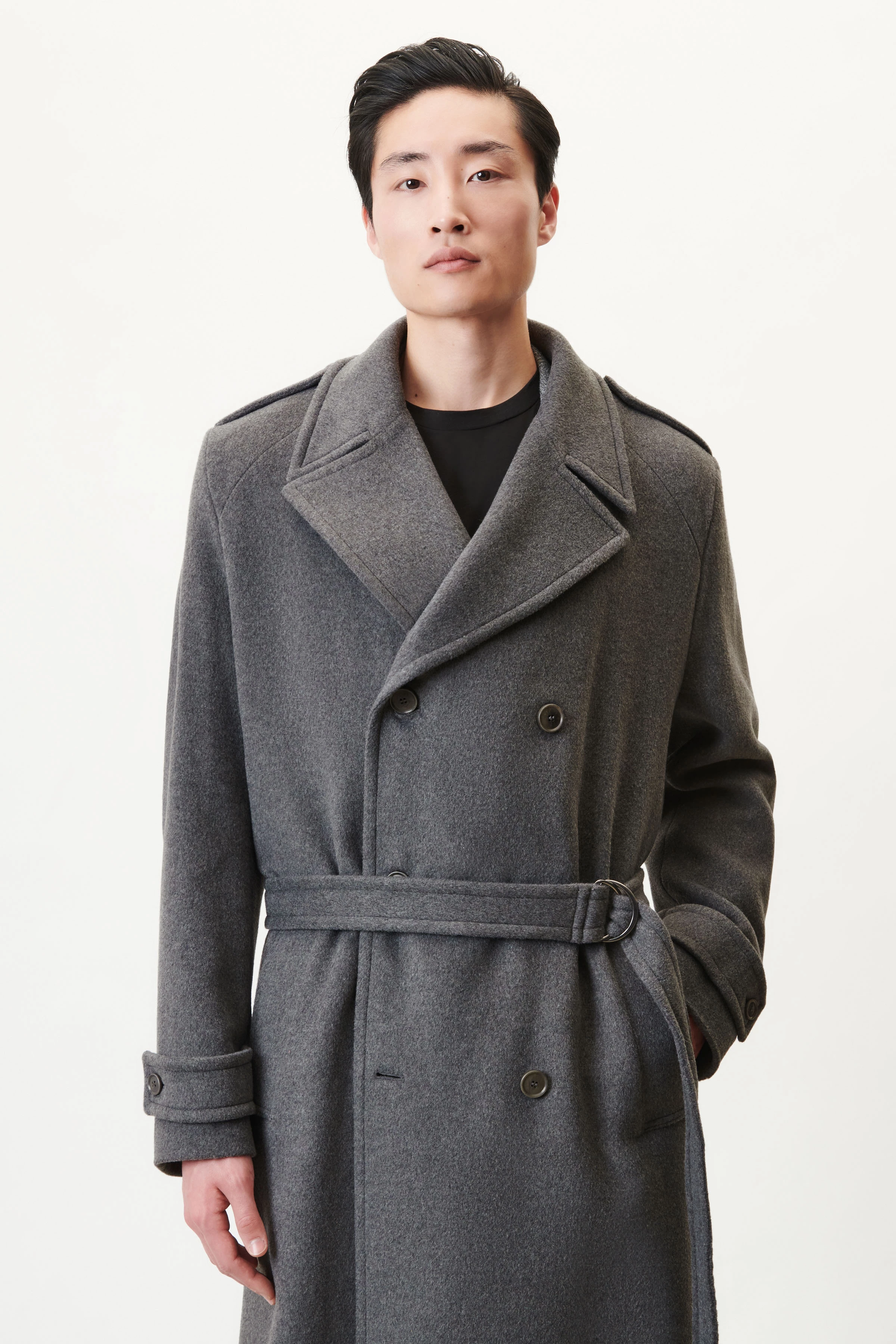 YAKANO - belted trench coat in italian wool blend - men - grey - Frontansicht