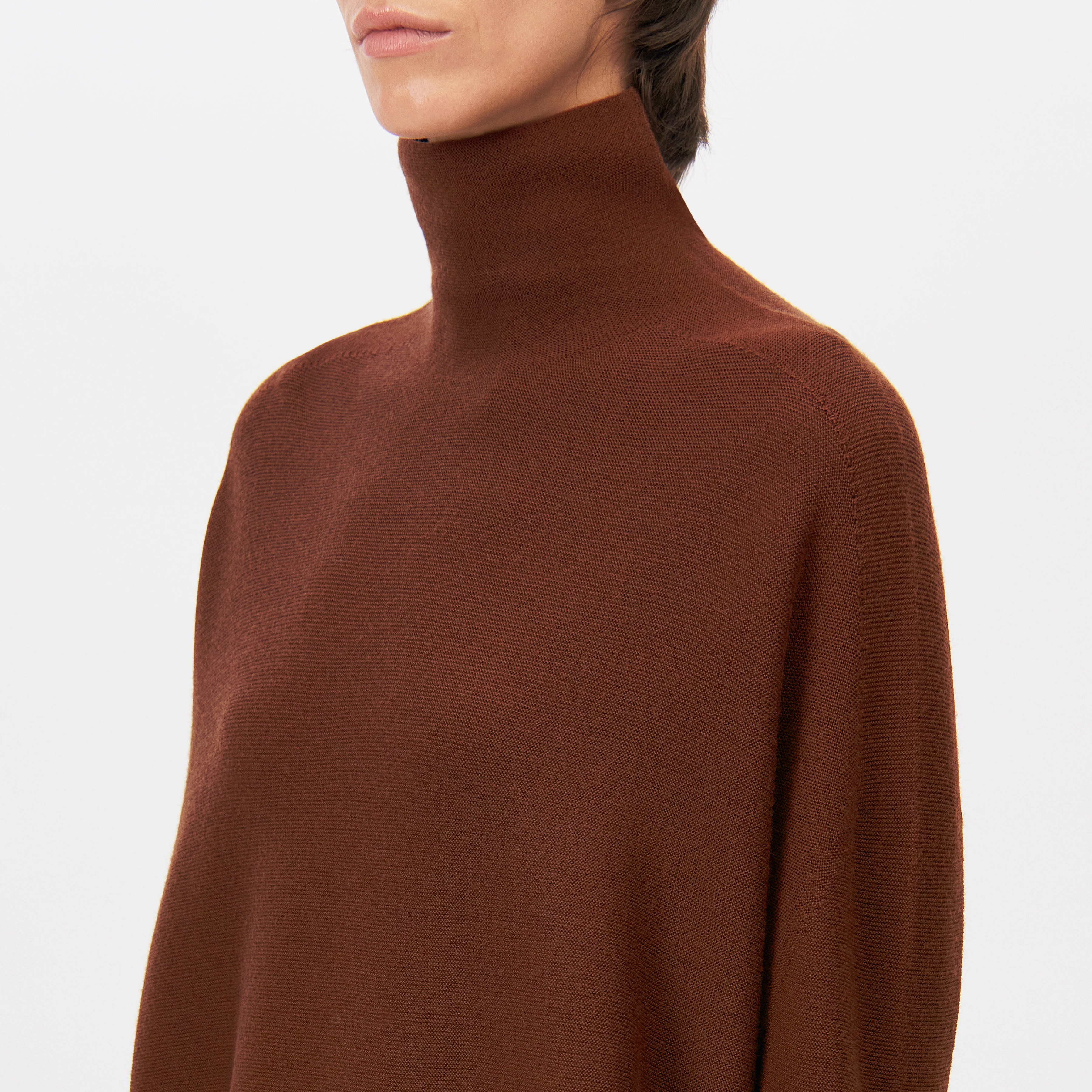 LIORA - Egg-shape turtleneck jumper in 100% merino wool - women - brown - Detailansicht am Model