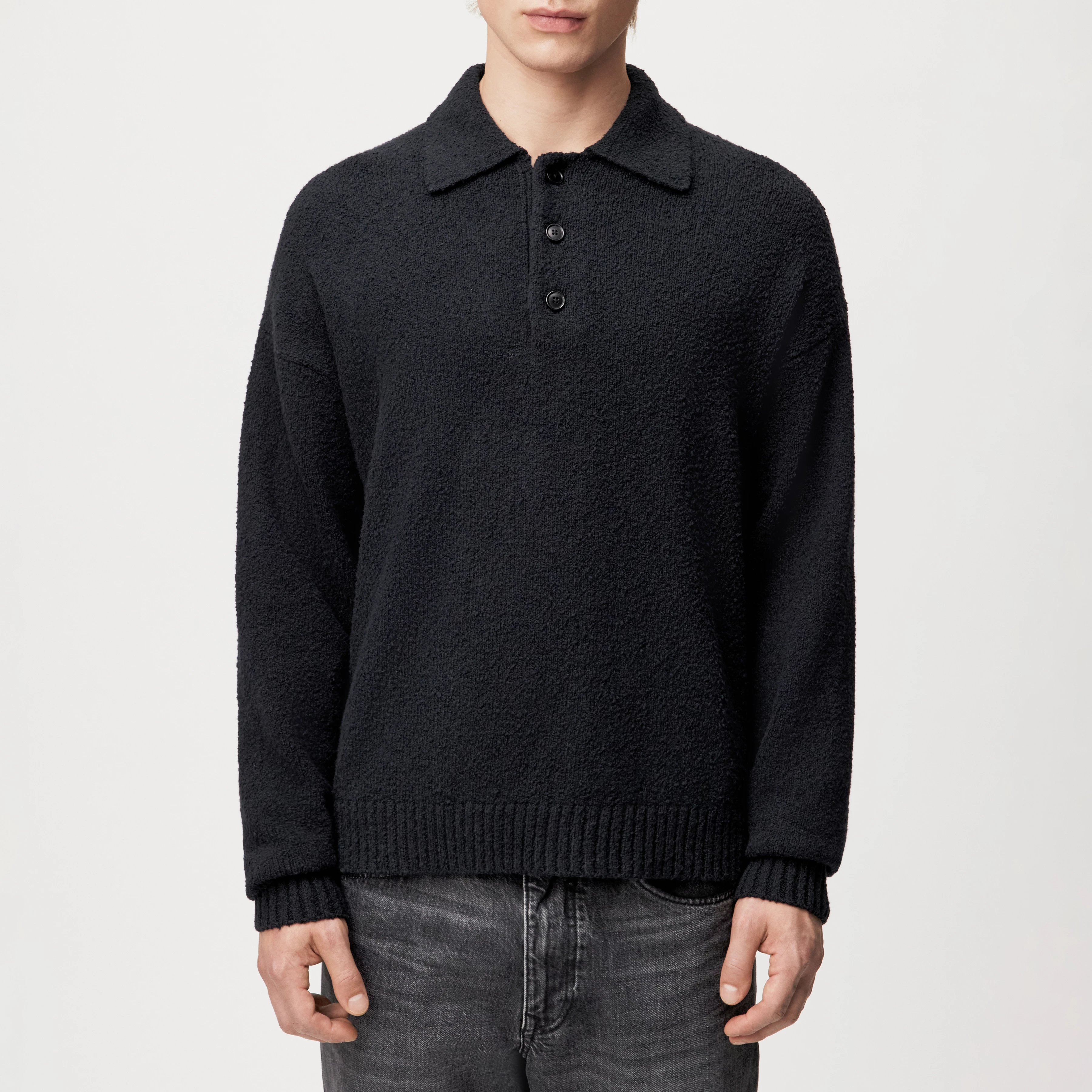 BEKKET - Knitted polo shirt with button placket in bouclé cotton blend - men - Natural Aluminium - Frontansicht